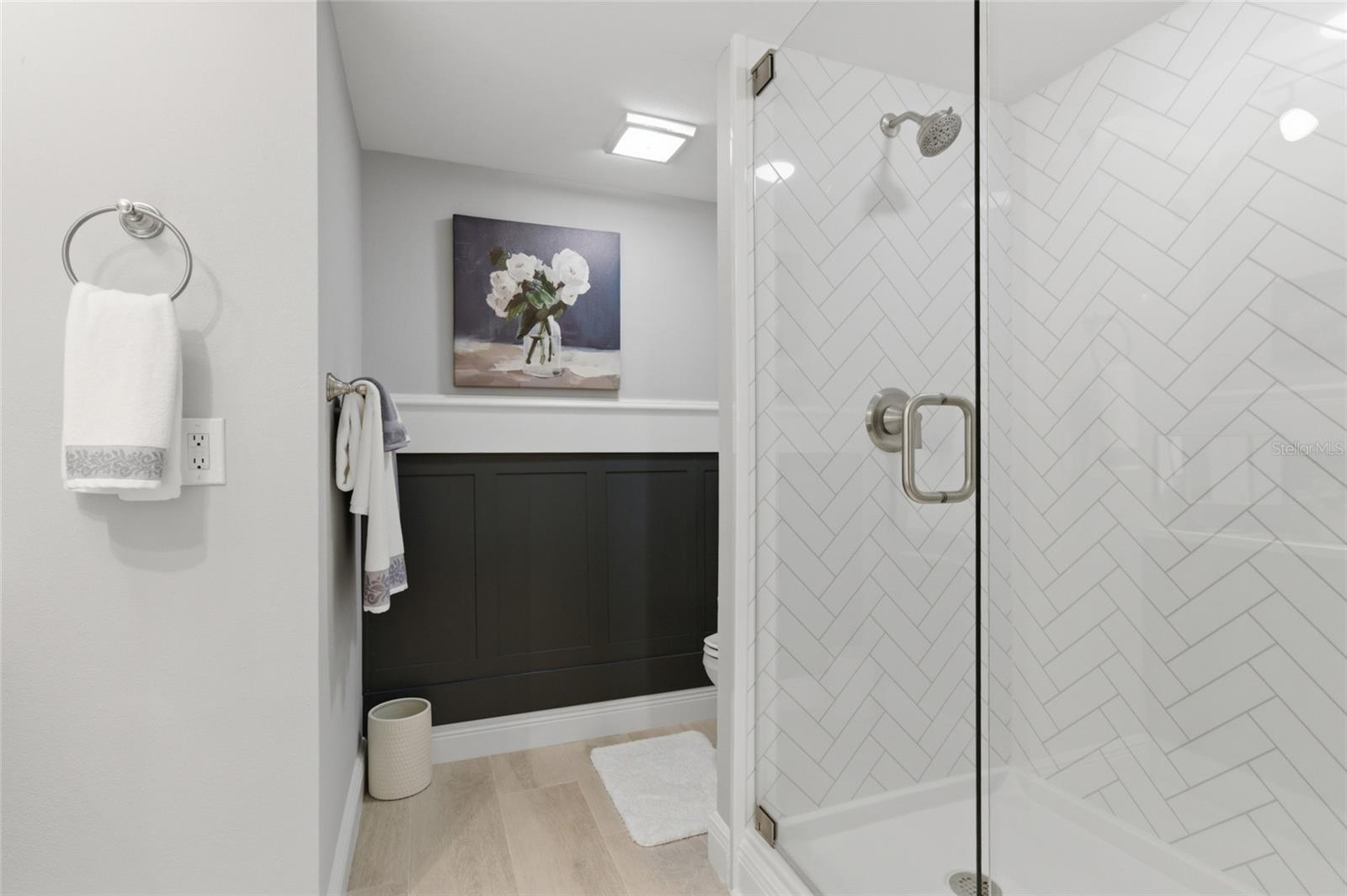 Hall bath with Walk-In Shower and wainscotting and linen closet