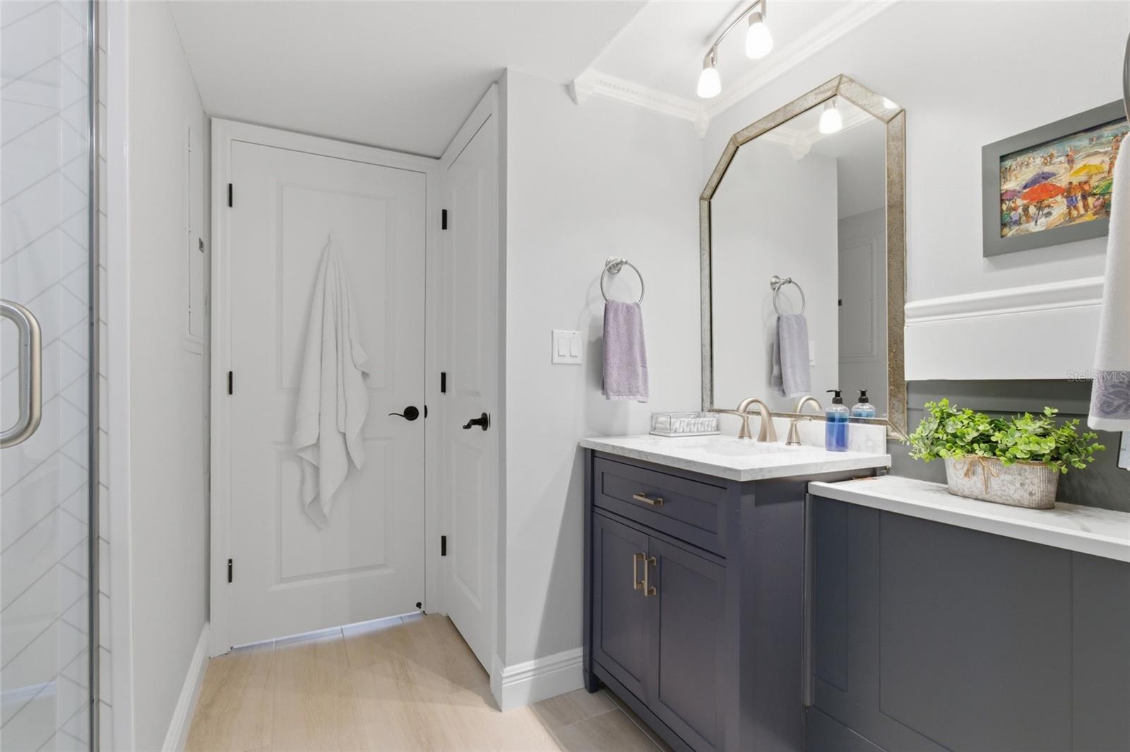 Hall bath with Walk-In Shower, linen closet and Wainscotting