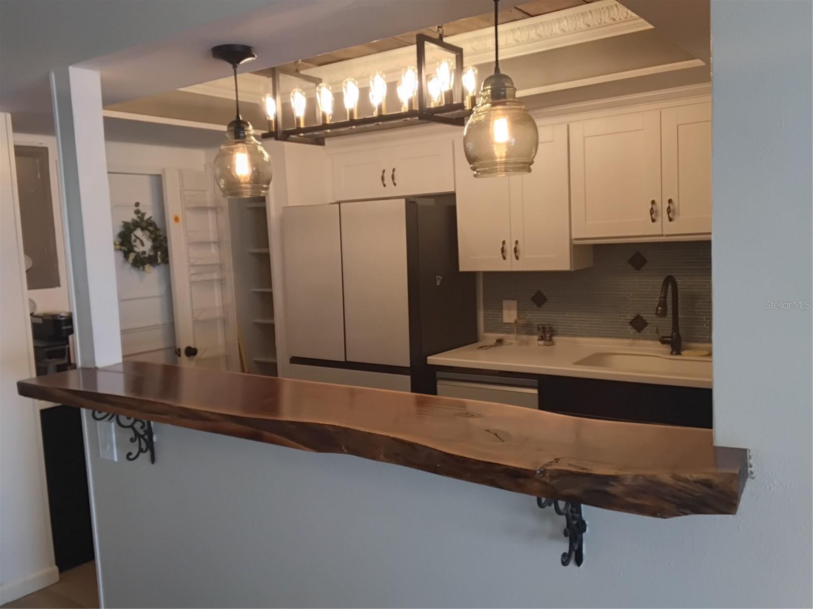 Kitchen view,  Pantry and rear exit... tree slabbed countertop