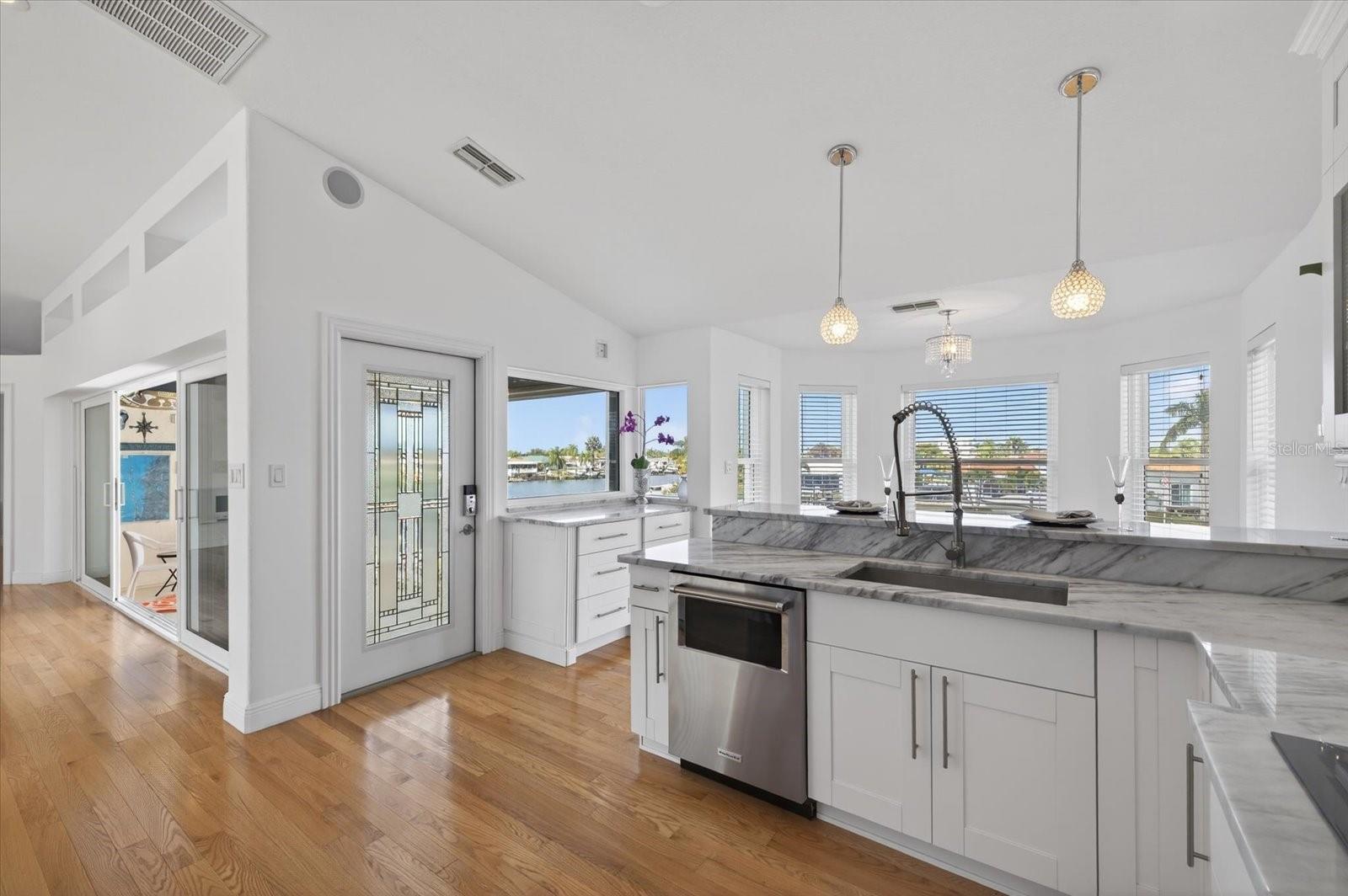 Gourmet kitchen with water views