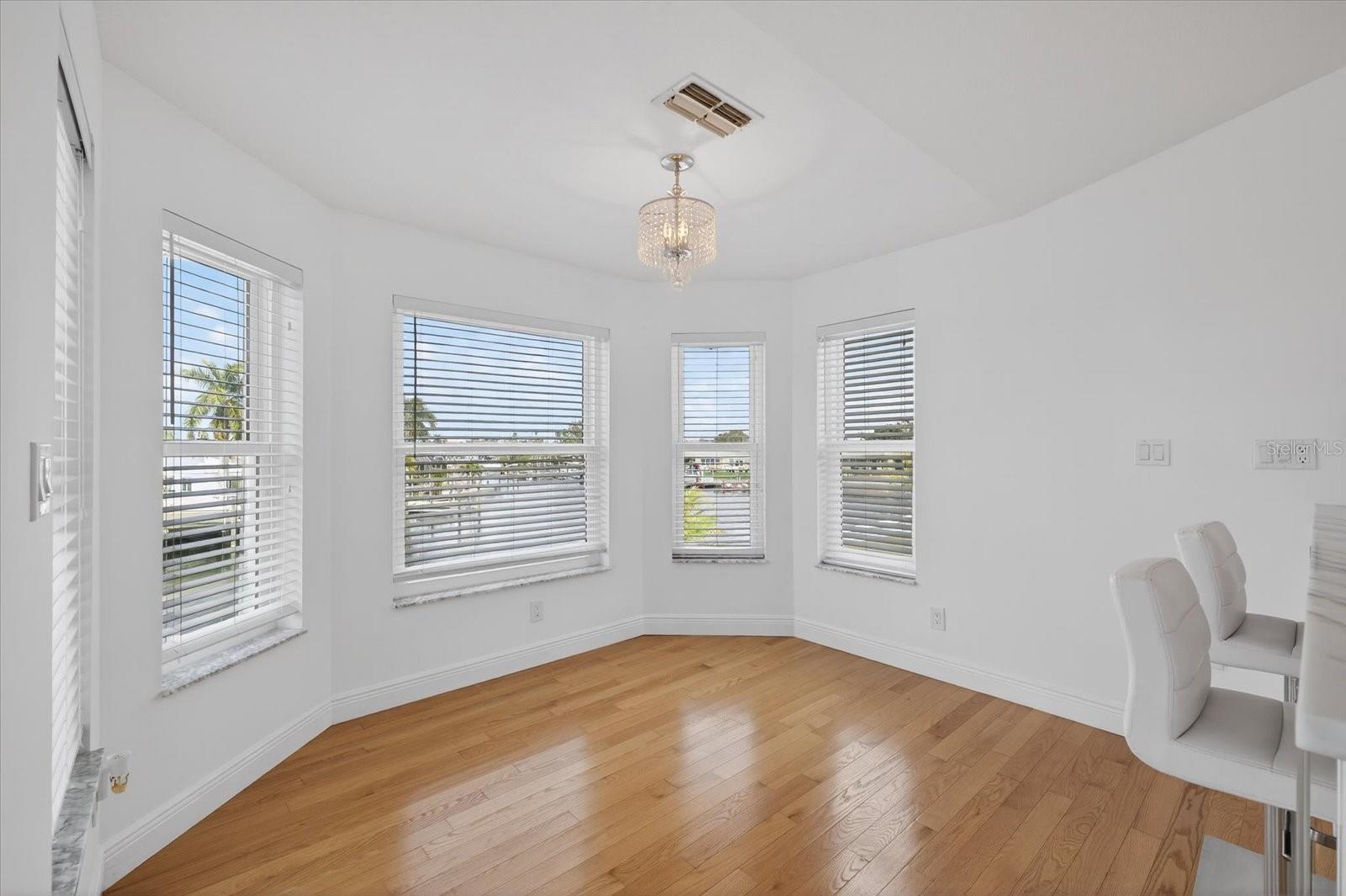 Dining space has water views near kitchen