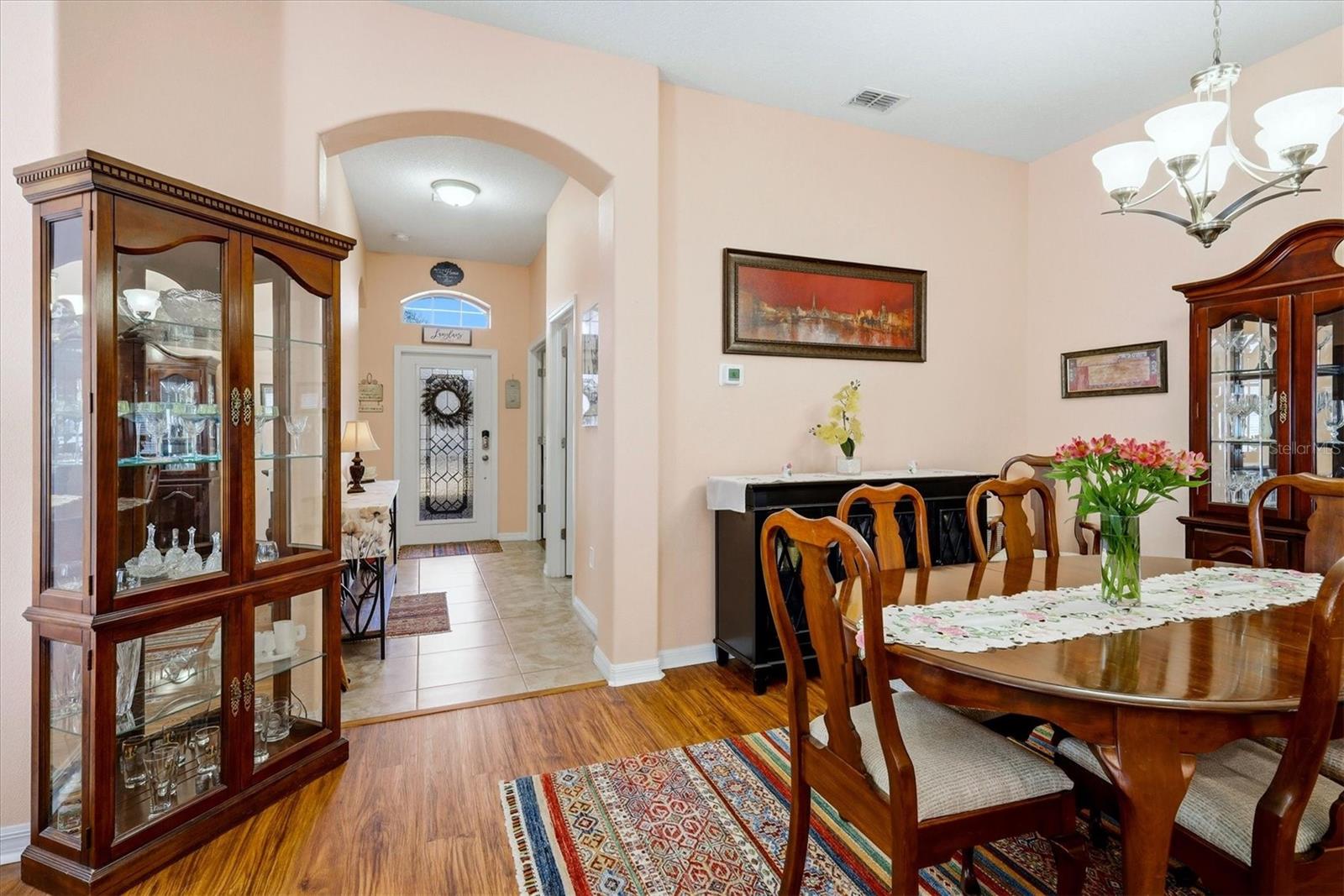 Wood- grain floor in dining room