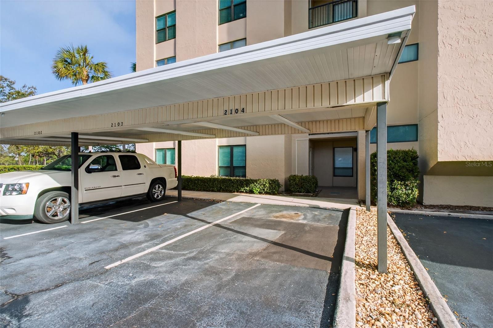 Private covered parking spot close to the elevators.