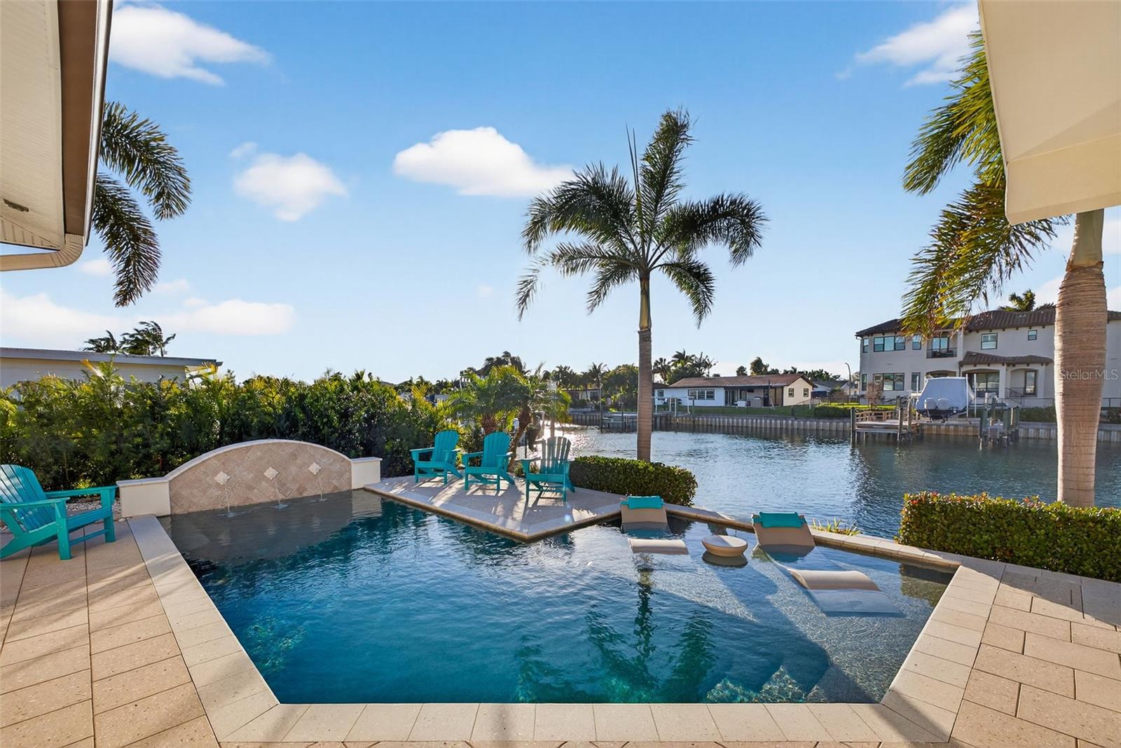 Saltwater pool with swim jets, programmable and customizable  LED lights, automatic pool filler, water feature and sun deck. Pre-plumbed for a heater.