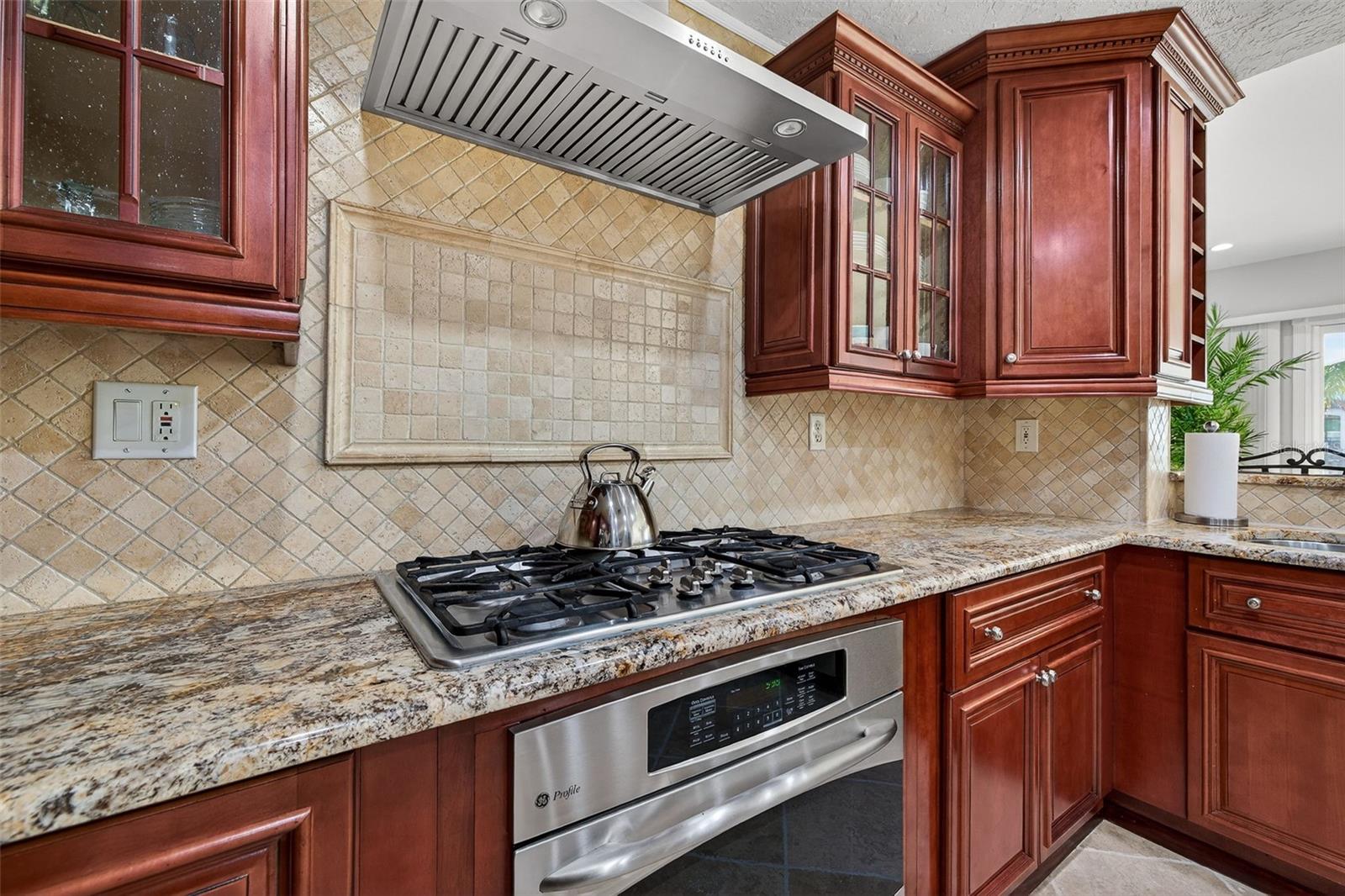 Efficient GE Profile appliances including gas cooktop, convection microwave, electric oven and gas oven, commercial ice maker, and wine fridge. Kohler fixtures and granite countertops.
