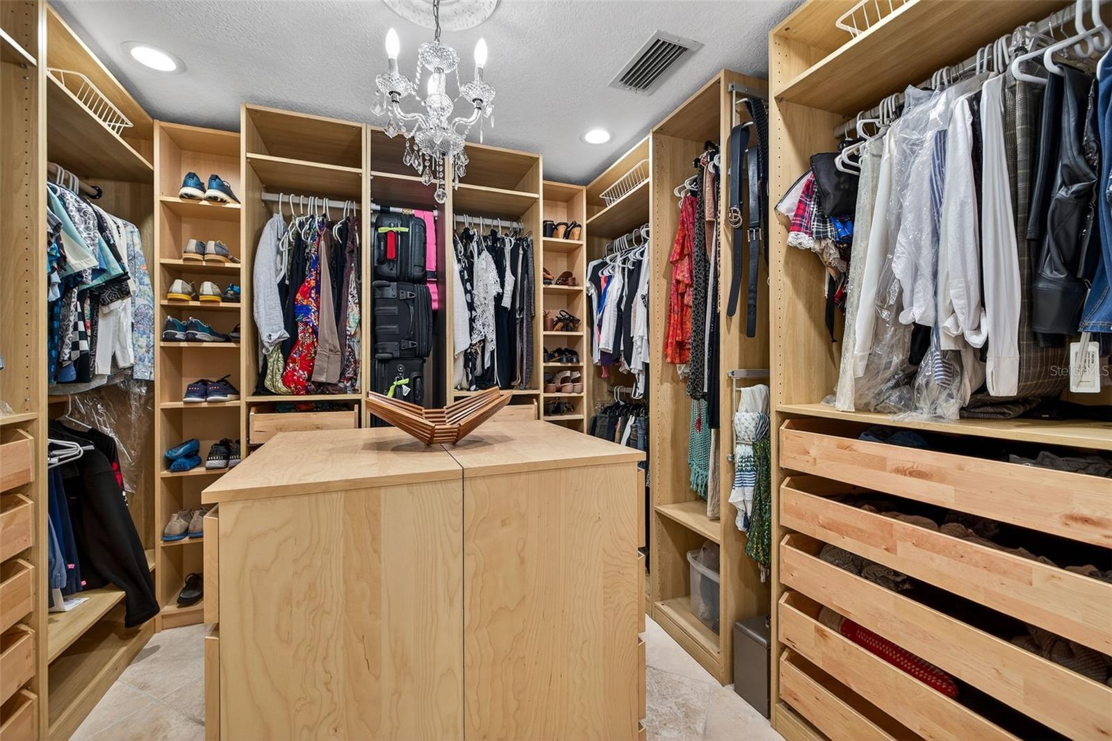 Built-in and walk-in closet in primary bedroom.