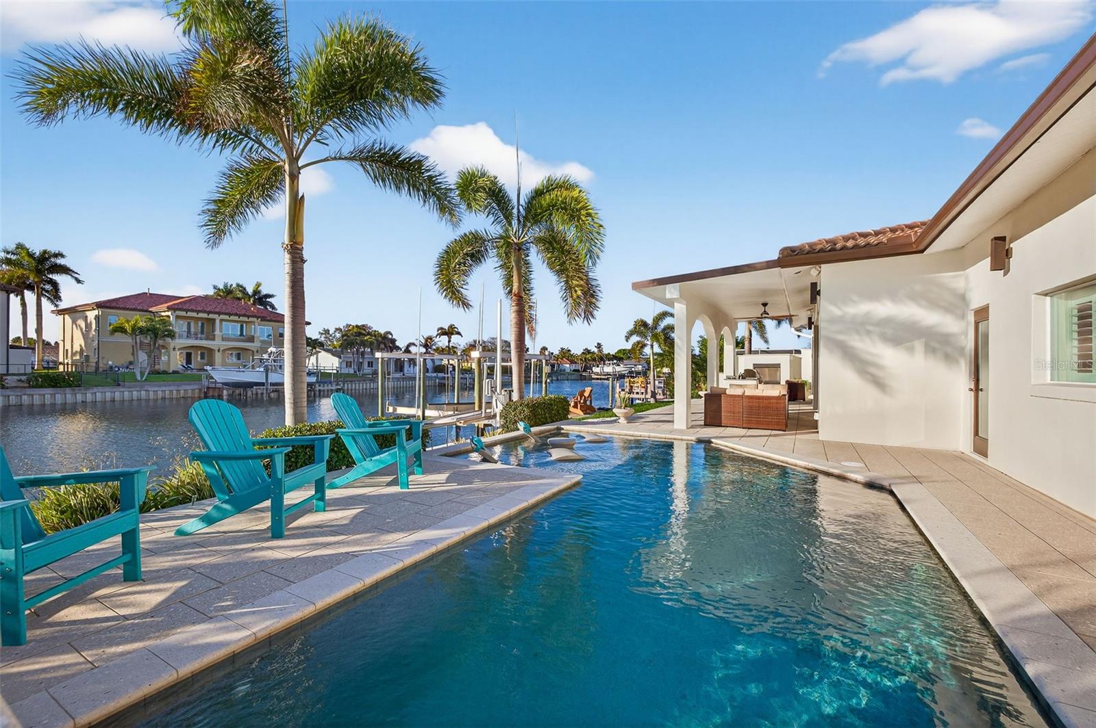 Saltwater pool with swim jets, programmable and customizable  LED lights, automatic pool filler, water feature and sun deck. Pre-plumbed for a heater.