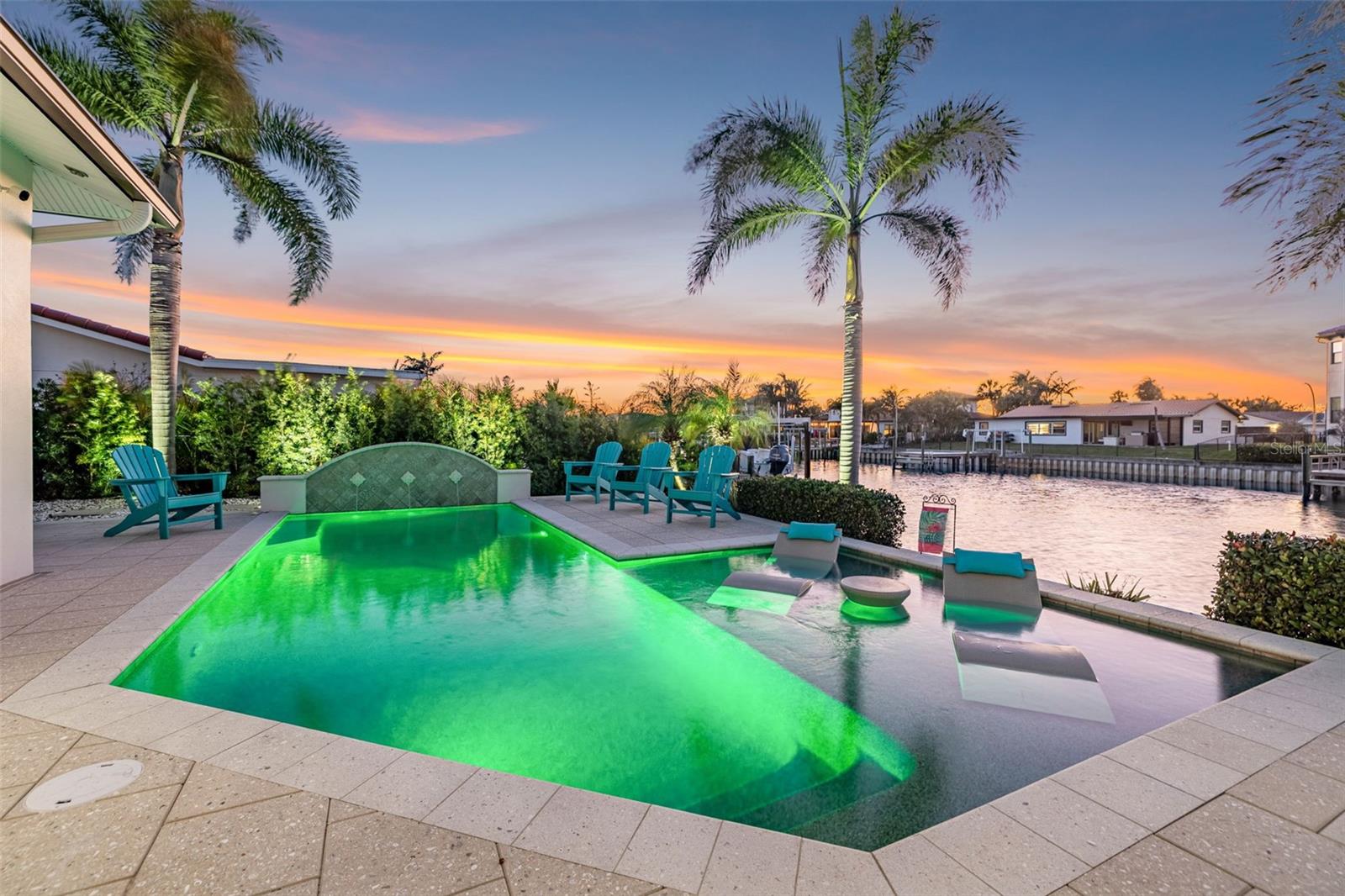 Saltwater pool with swim jets, programmable and customizable  LED lights, automatic pool filler, water feature and sun deck. Pre-plumbed for a heater.