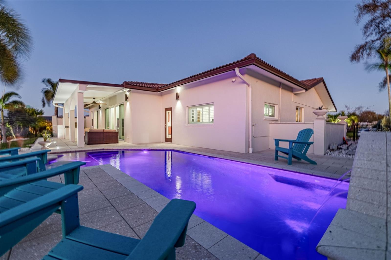 Saltwater pool with swim jets, programmable and customizable  LED lights, automatic pool filler, water feature and sun deck. Pre-plumbed for a heater.