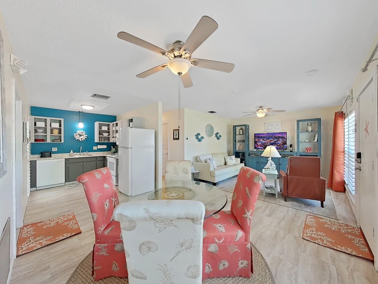 Kitchen, dining, living