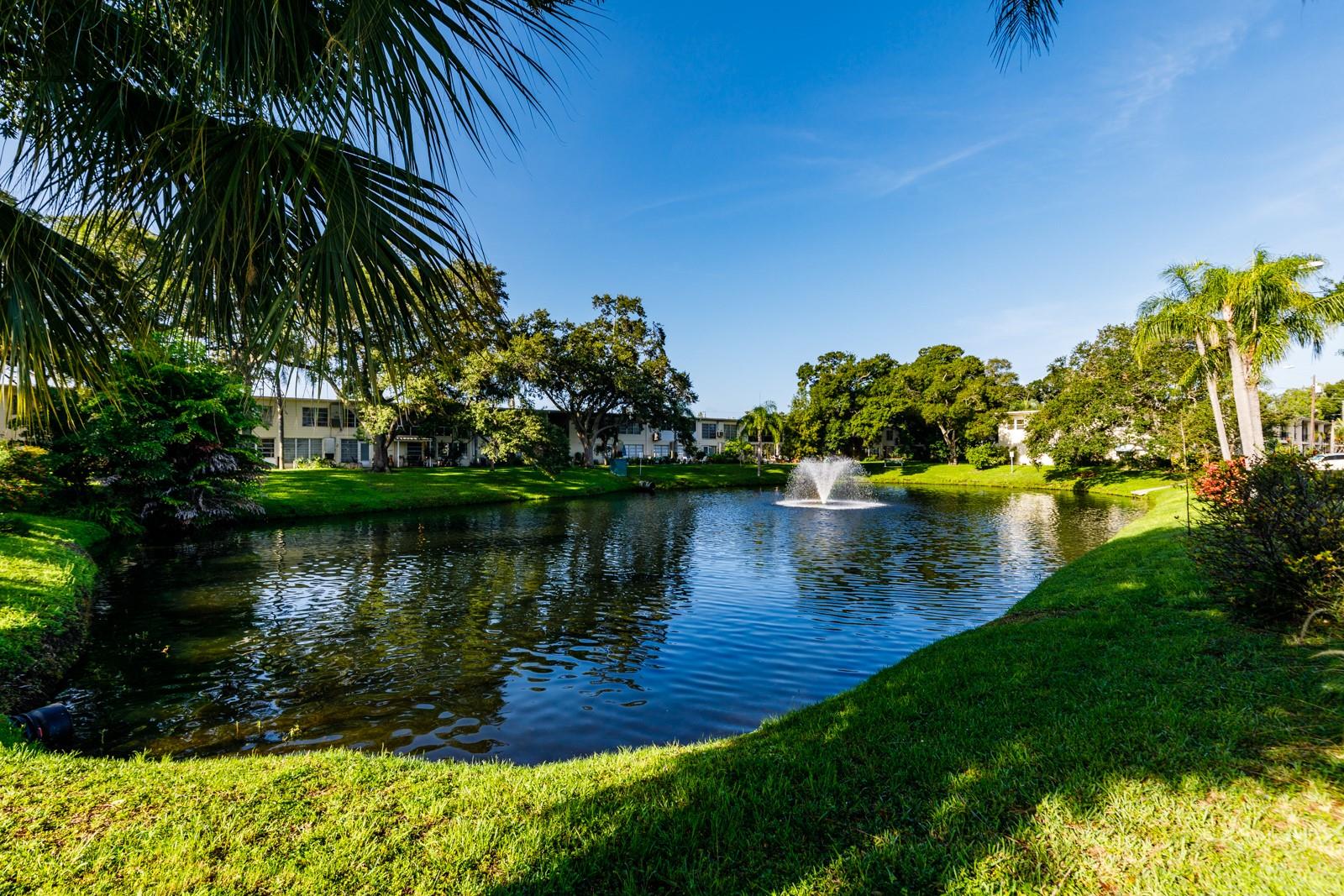 The pond has a water feature which is lighted at night.