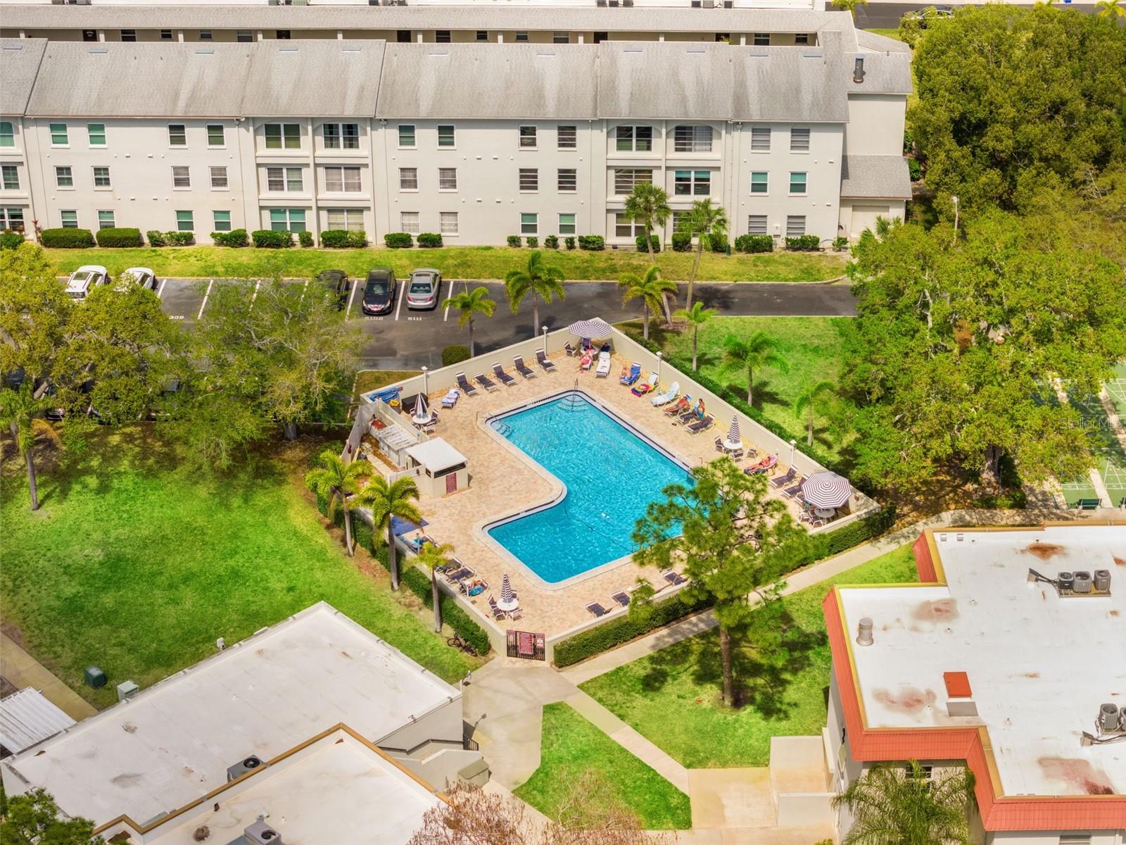 Resort-style community pool with surrounding lounge seating and tropical landscaping.