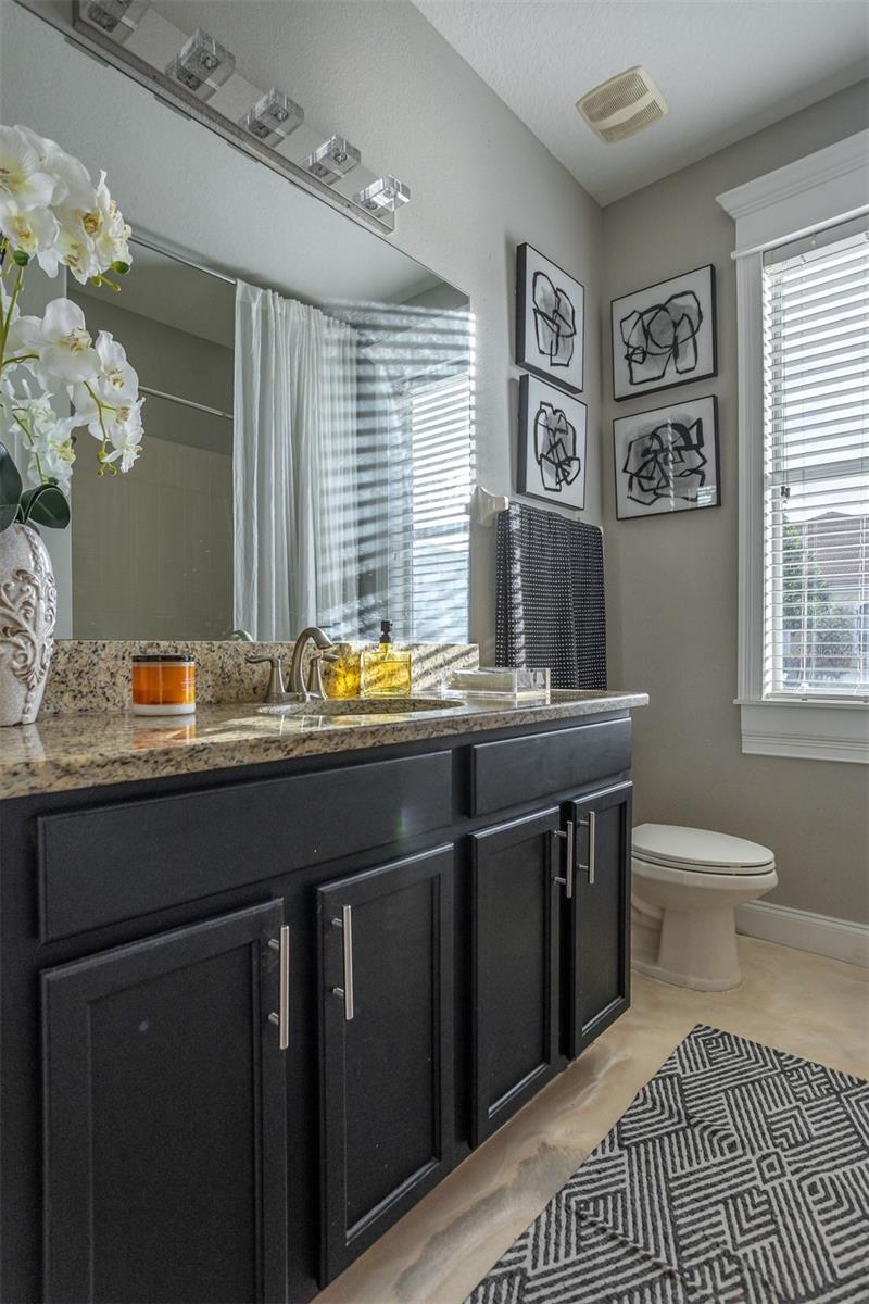 Vertical shot of an updated bathroom highlighting the dark cabinets and orchid decor.