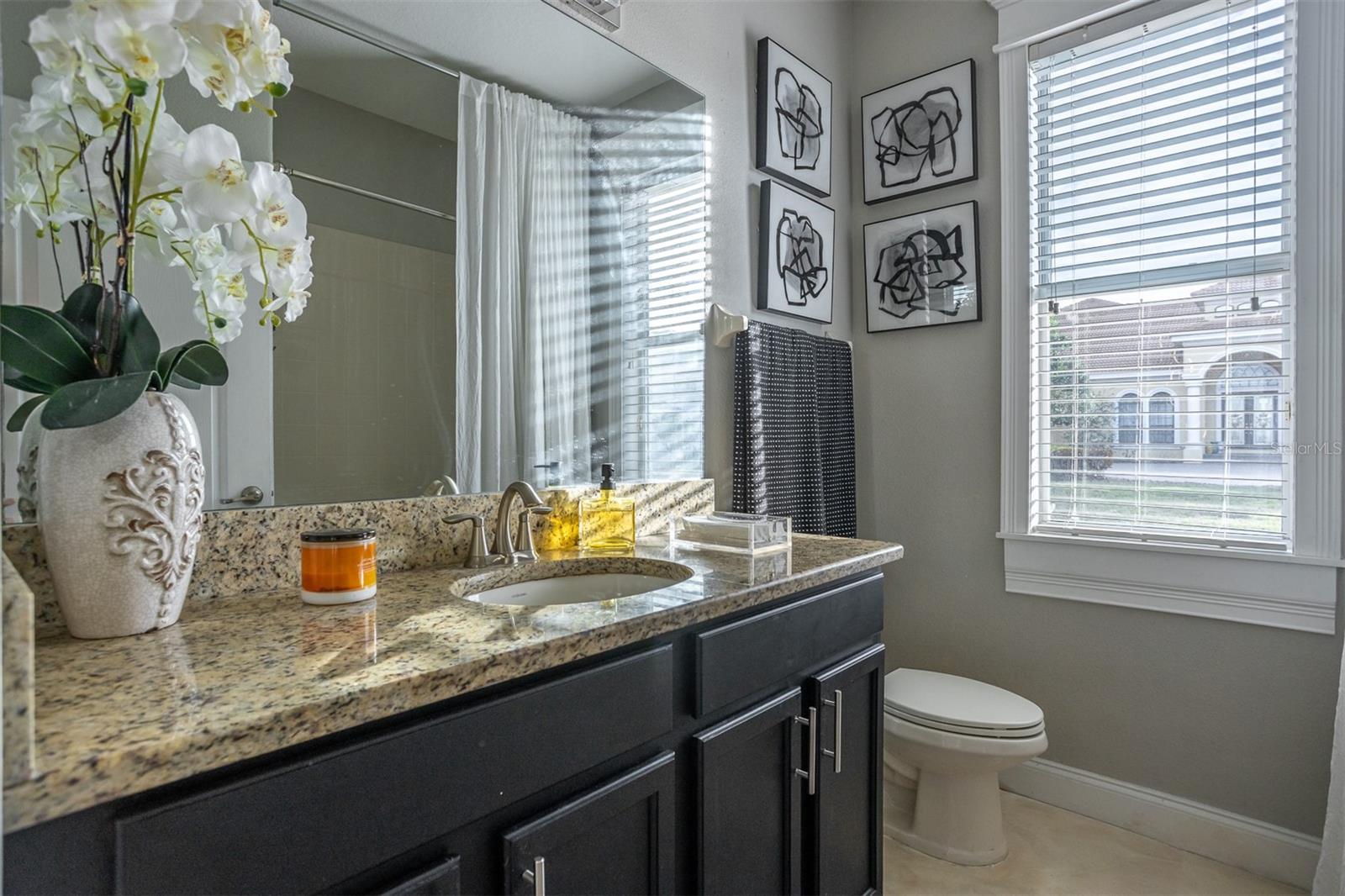 Bright bathroom with granite counters, modern fixtures, and natural light.