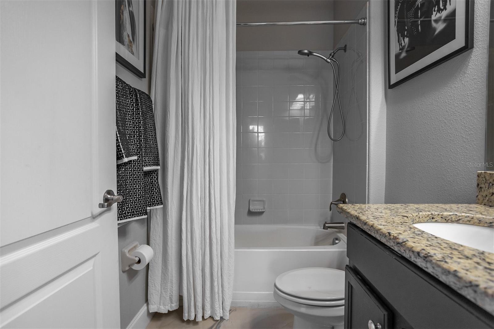 Clean view of guest bathroom shower-tub combo with modern fixtures.