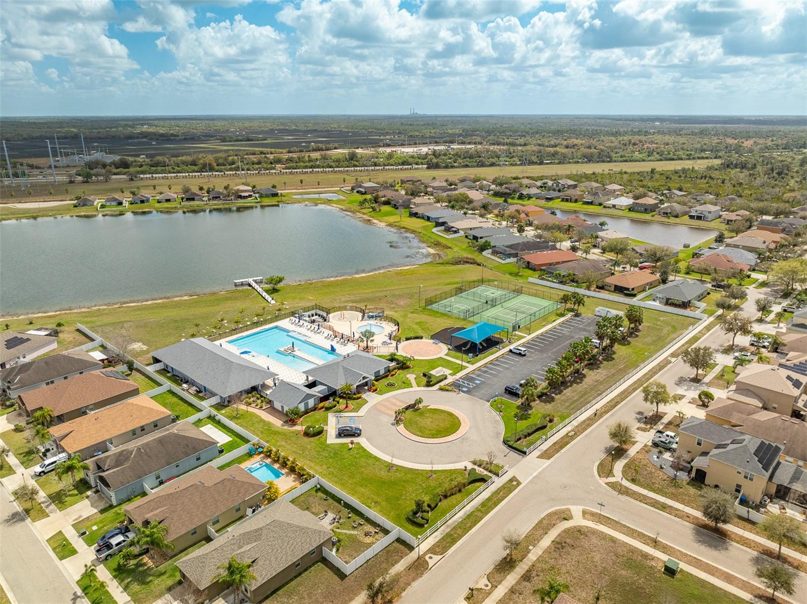 High-altitude view showing the community layout and proximity to the water.