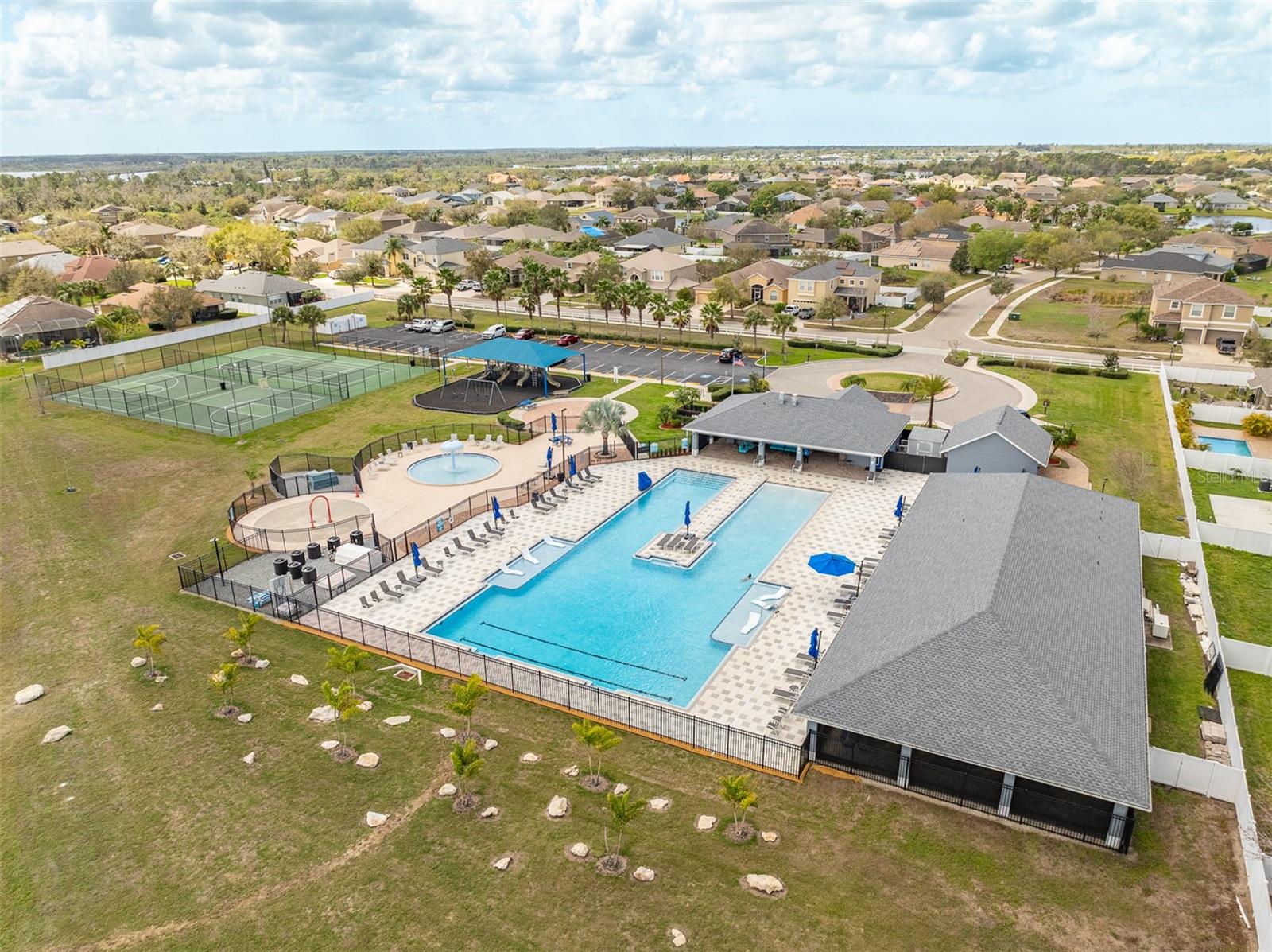 Elevated view of the River Bend clubhouse and aquatic center.