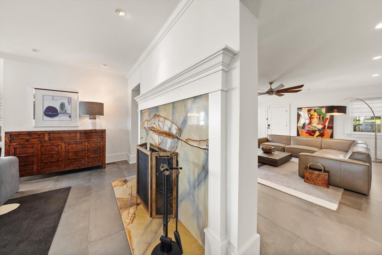 Living room and kitchen both lead to Family room