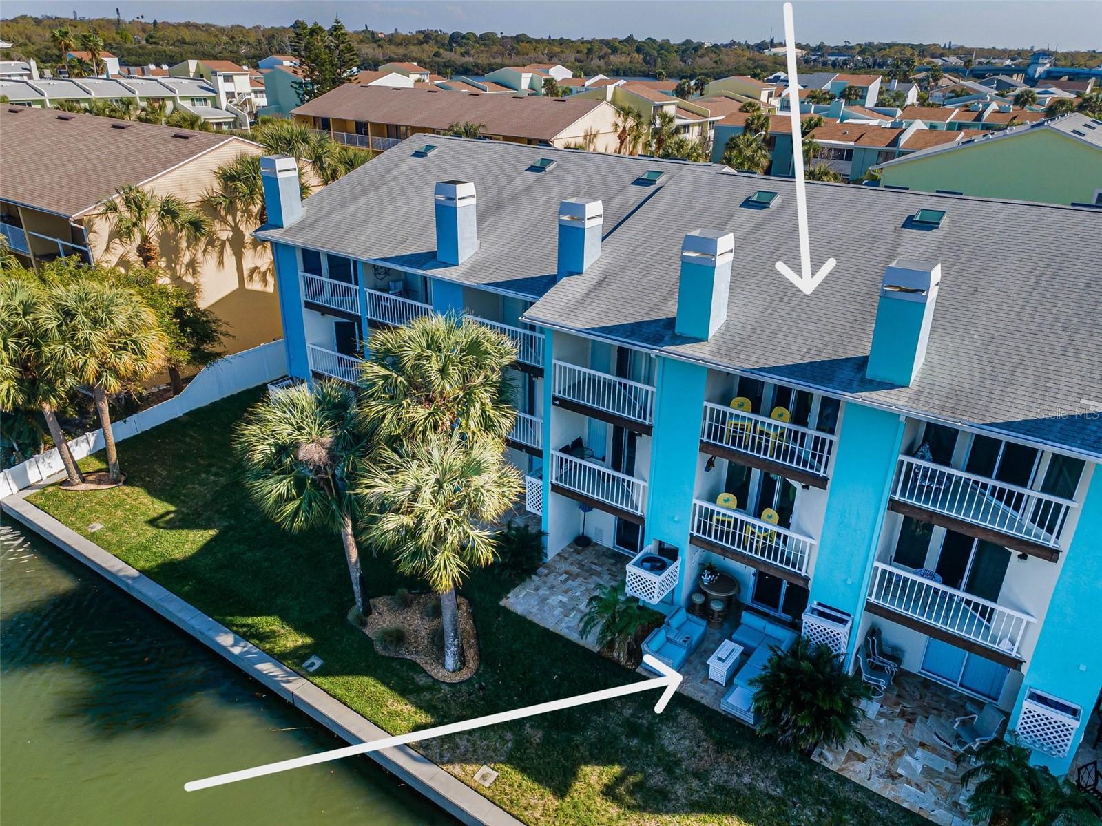 Rear, aerial view of the Townhome