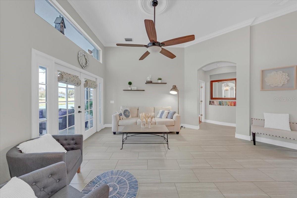 The great room opens up to the kitchen and formal dining area!