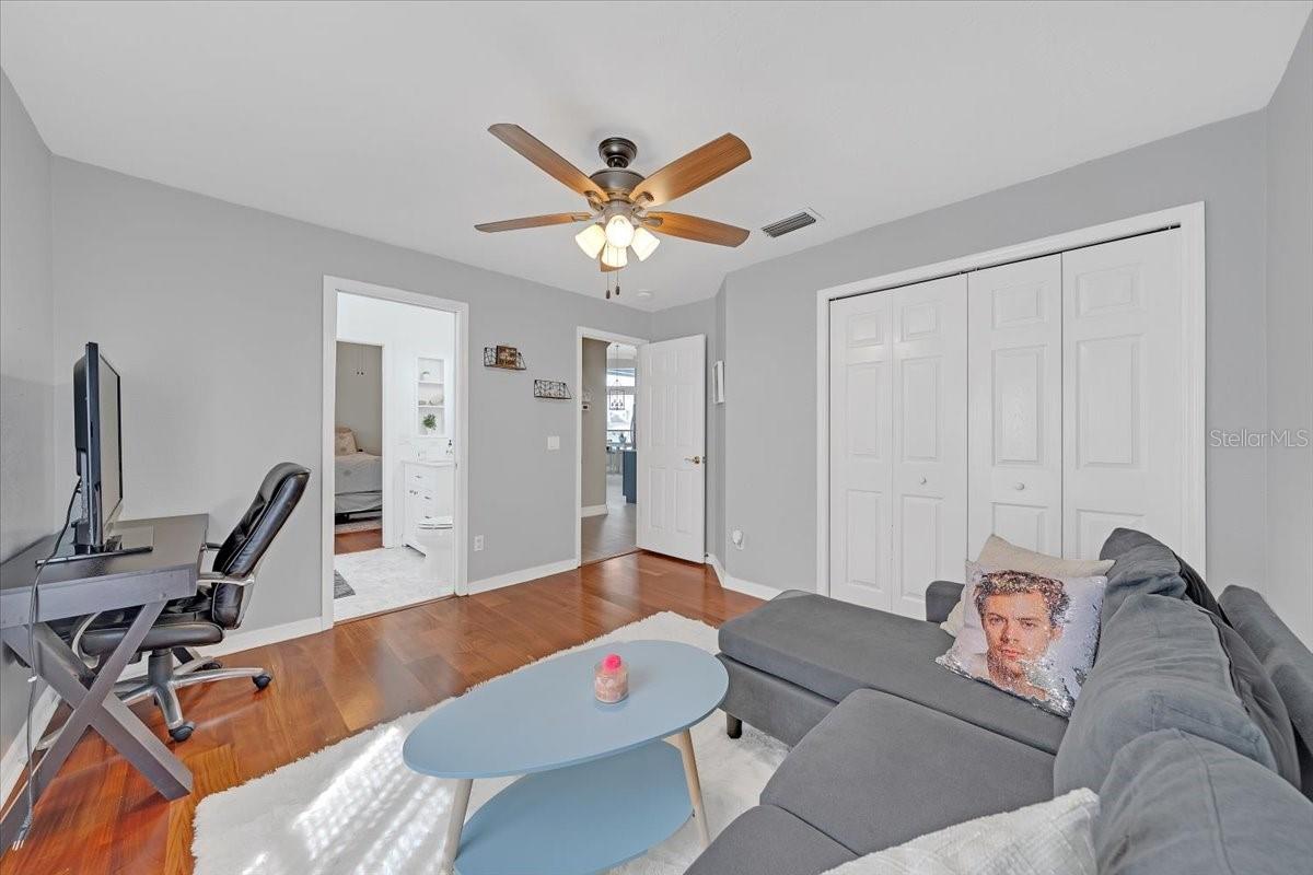 Flexible space currently used as a home office.