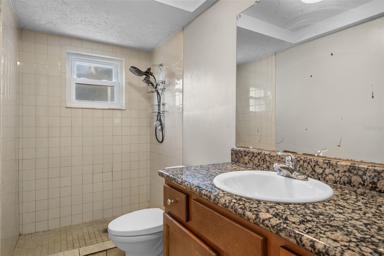 Primary Full bathroom with vanity and shower.