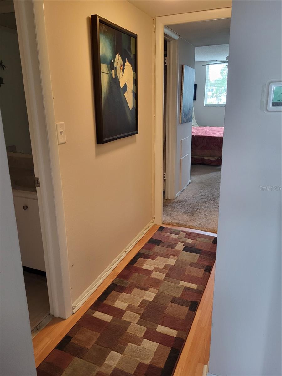 Hallway from living room into primary bedroom.