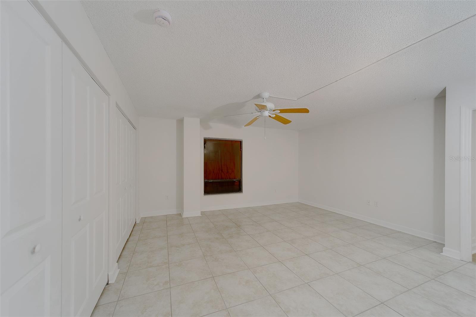 Board on window due to ongoing exterior work on building