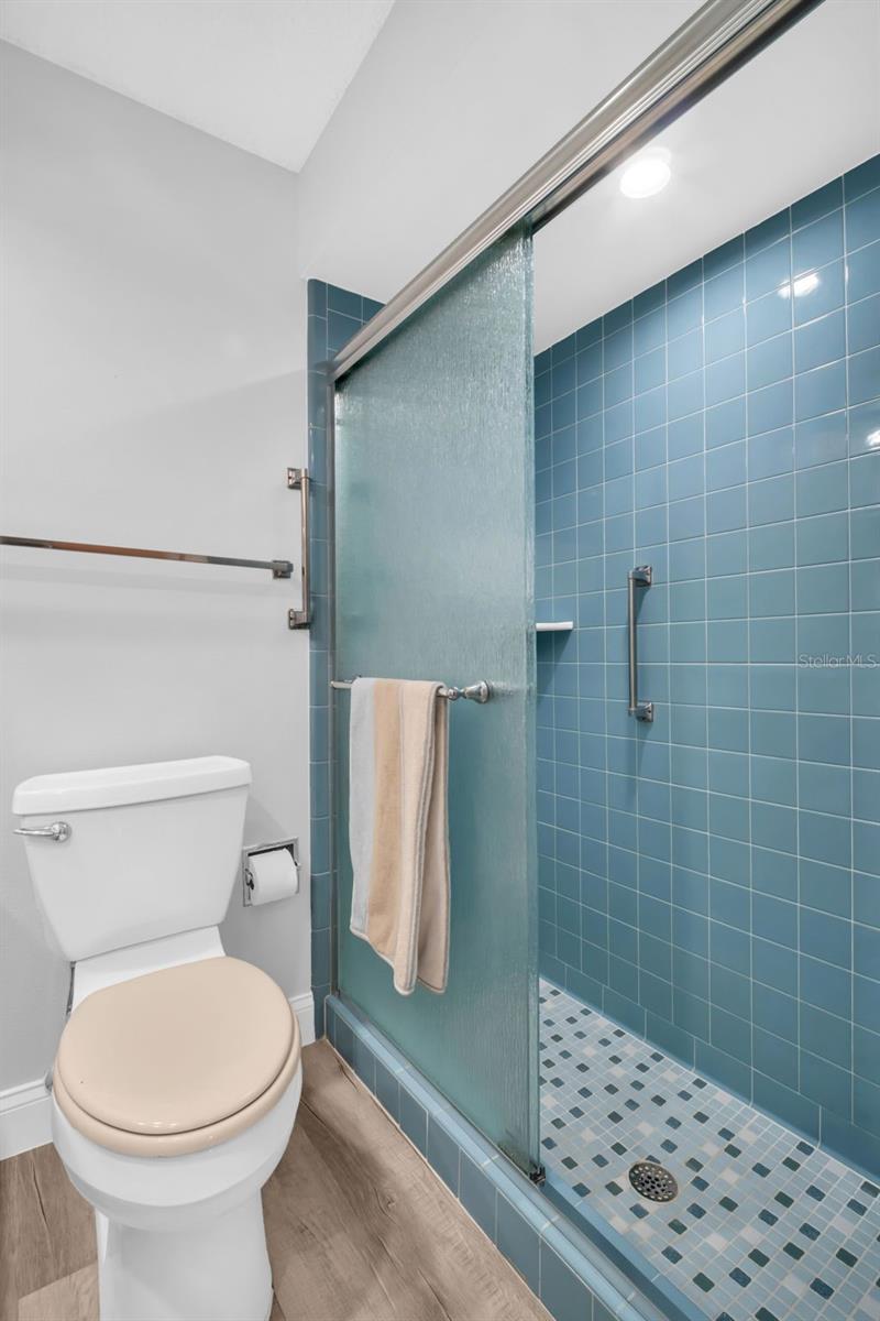 Newer flooring, shower, & lighting in hall bathroom~