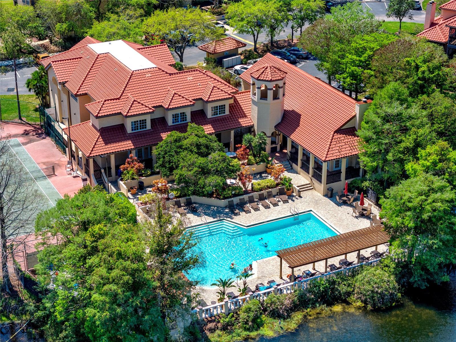 View of the clubhouse, recreational facilities and the pool area