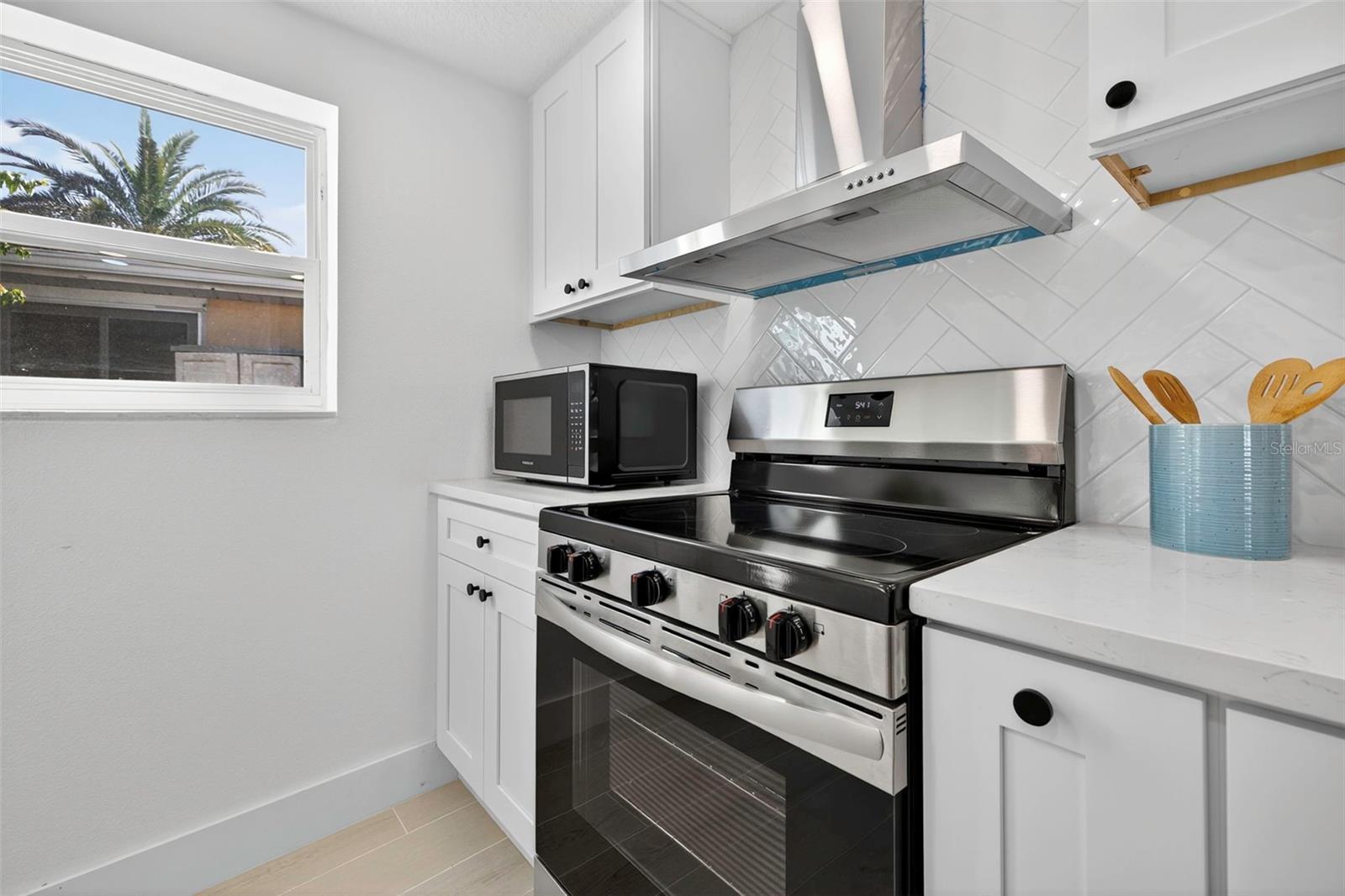 Beautiful kitchen detail with modern tile backsplash and stainless range