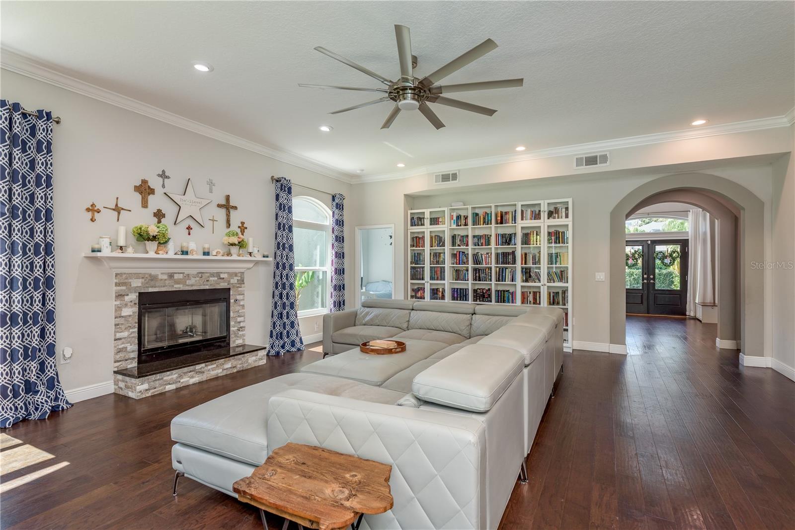 Gas Fireplace and recessed lighting in Family room.