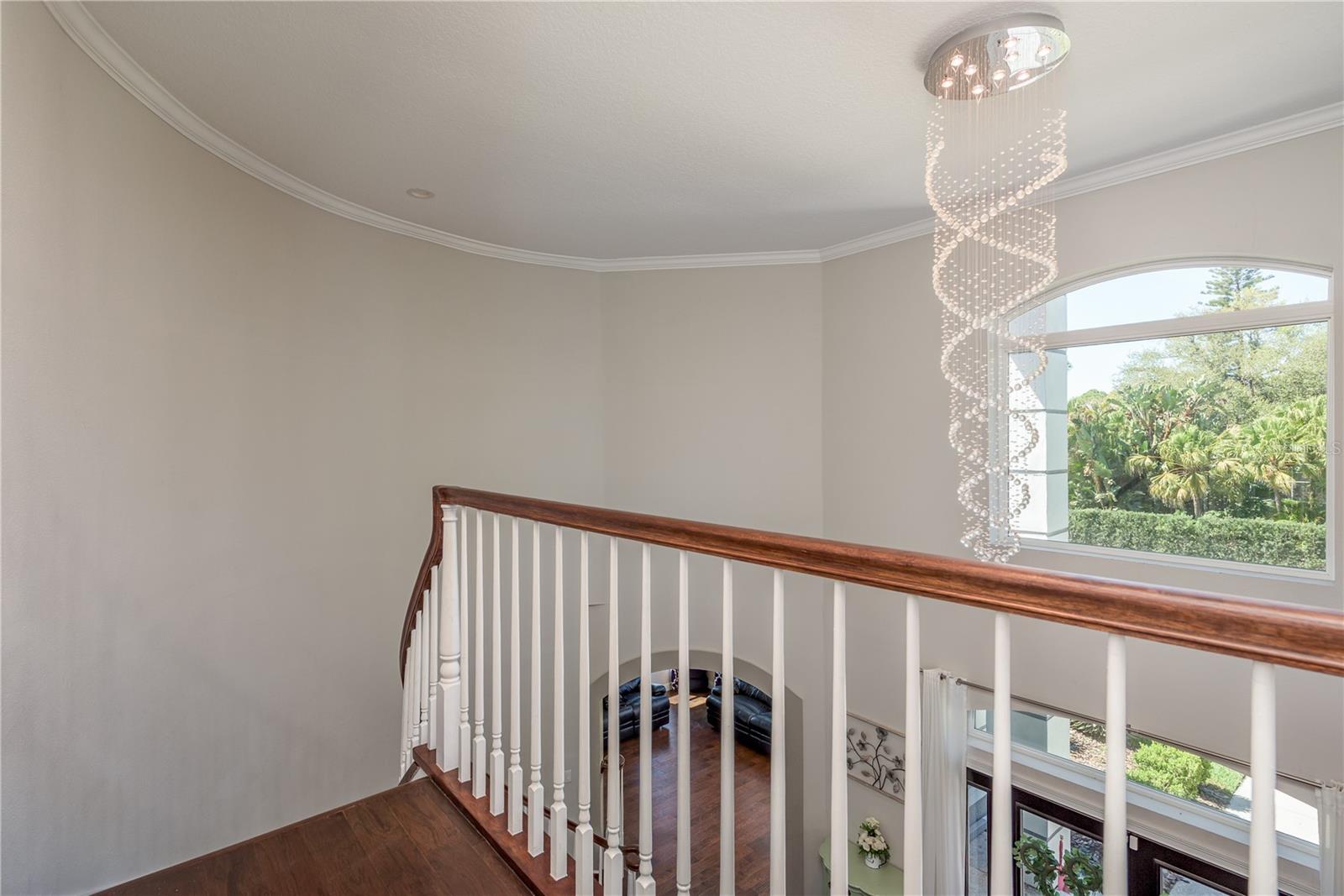 Upstairs landing with beautiful drop chandelier