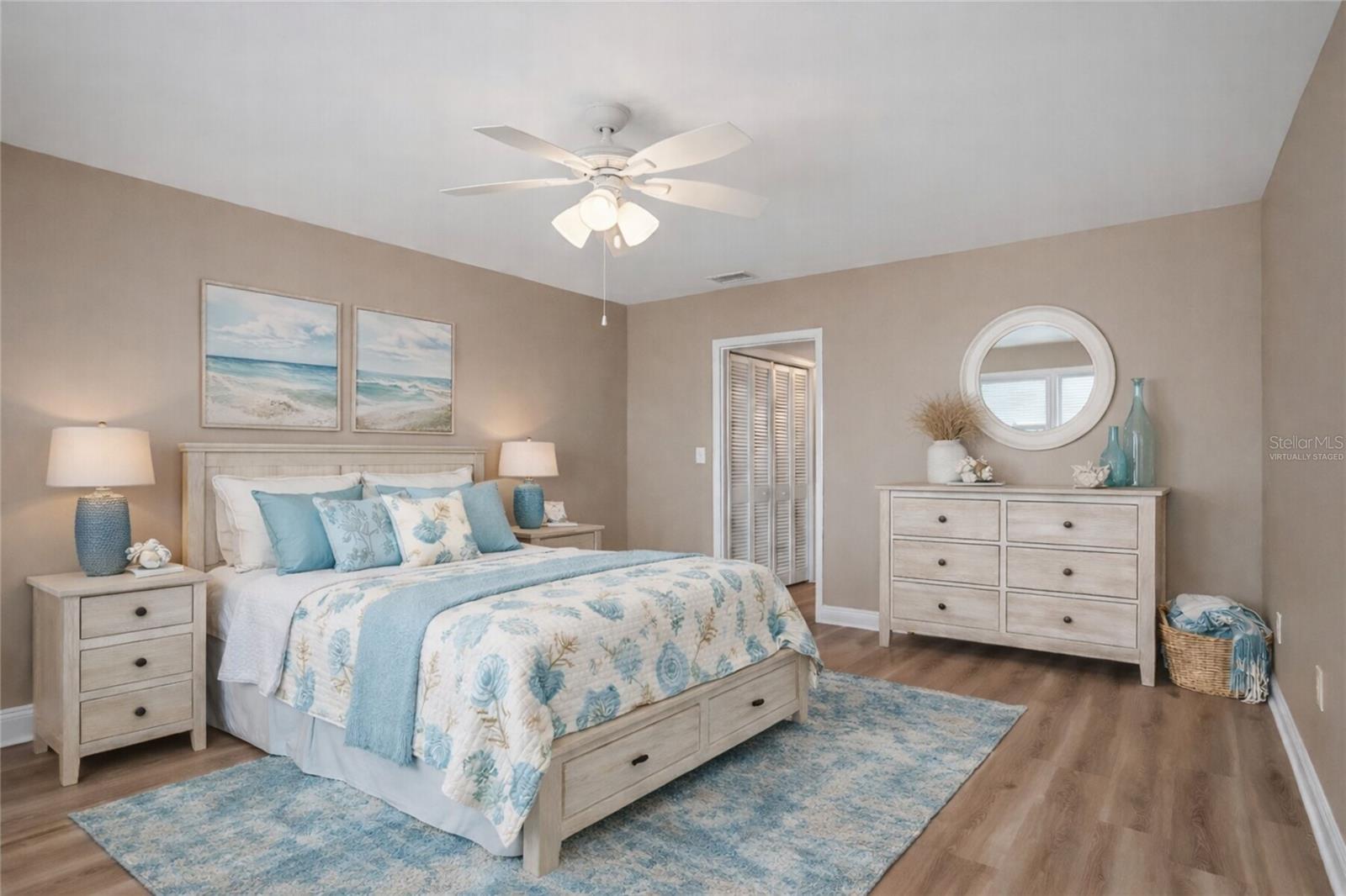 Virtually staged primary bedroom.