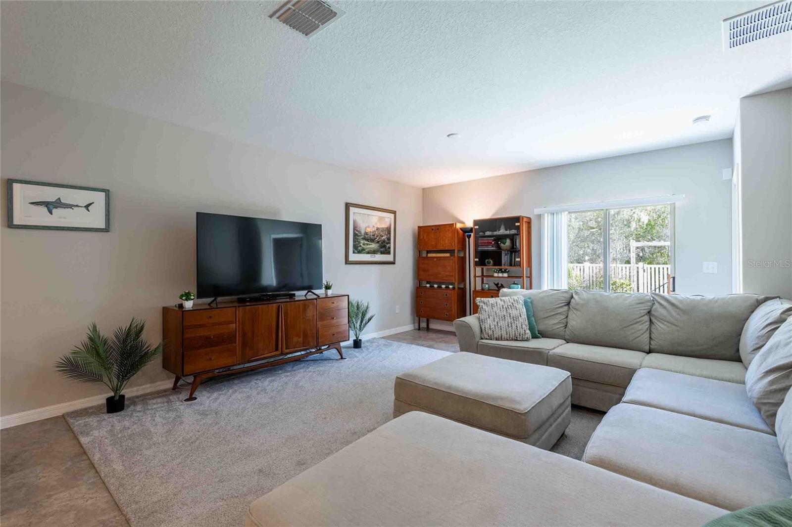 Sliders lead to large backyard with no rear neighbors.