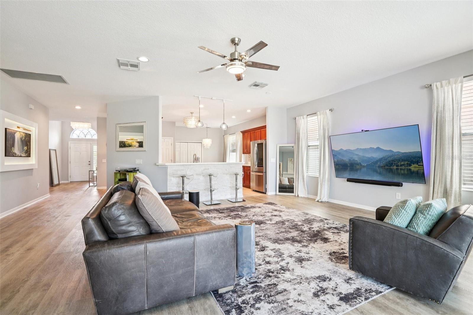 Very inviting family room leads out to patio