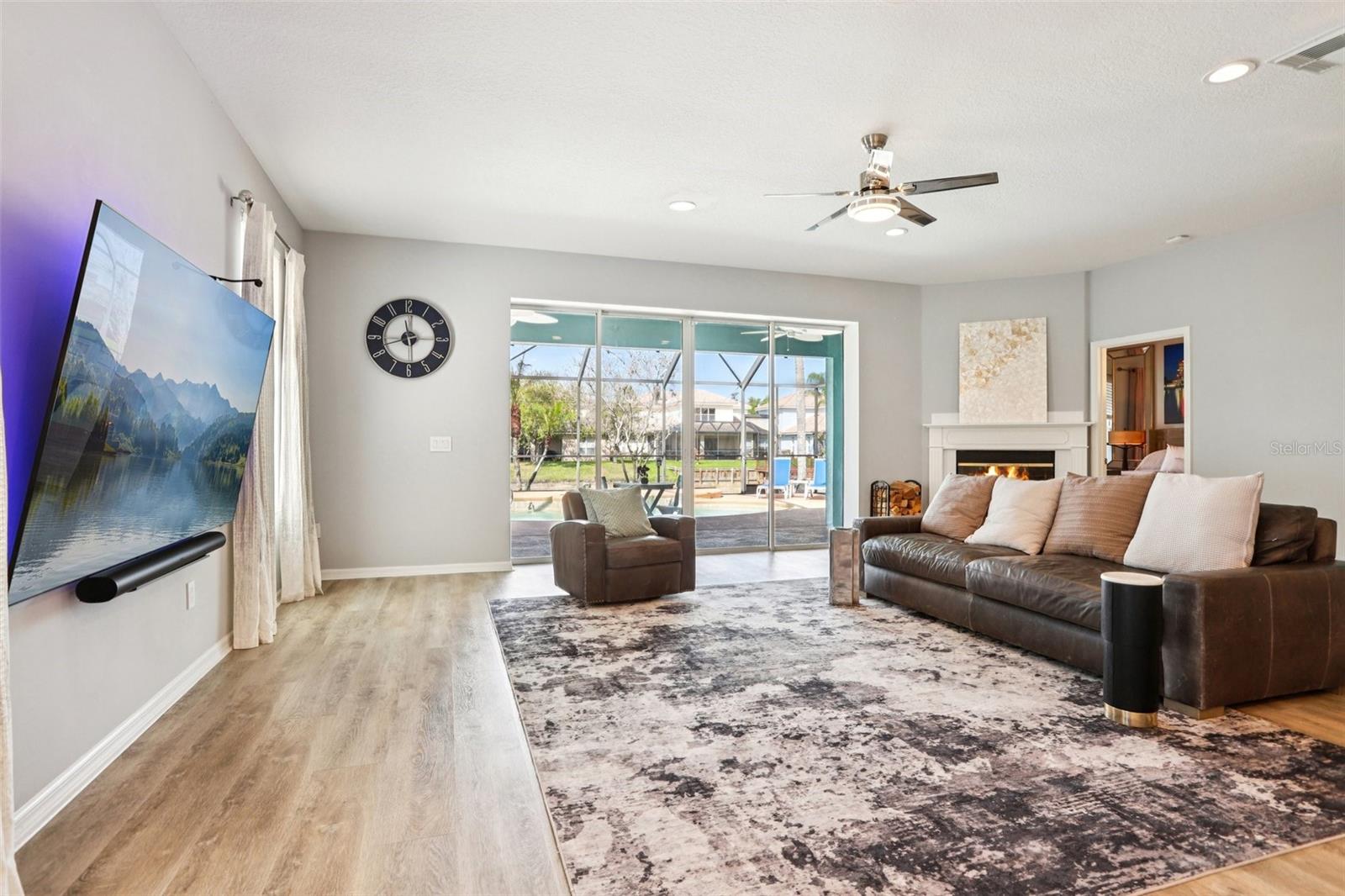 Wood-burning fireplace in far corner