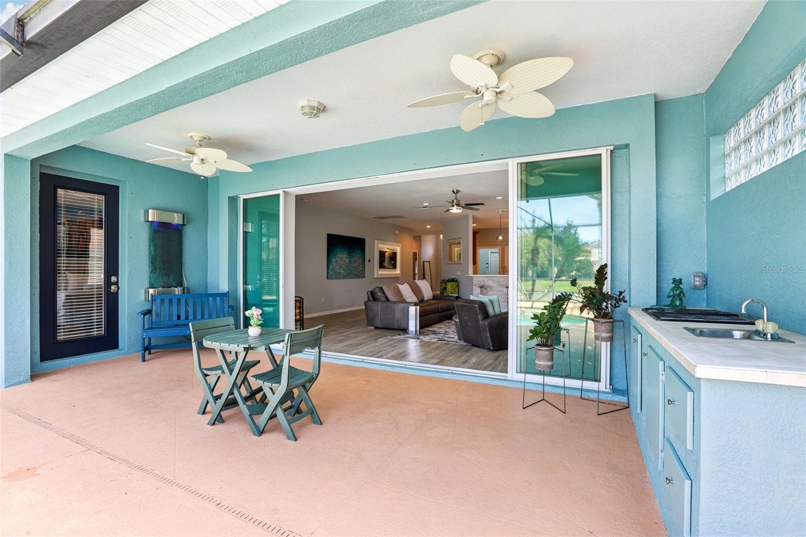 Patio with wall water feature (behind bench)