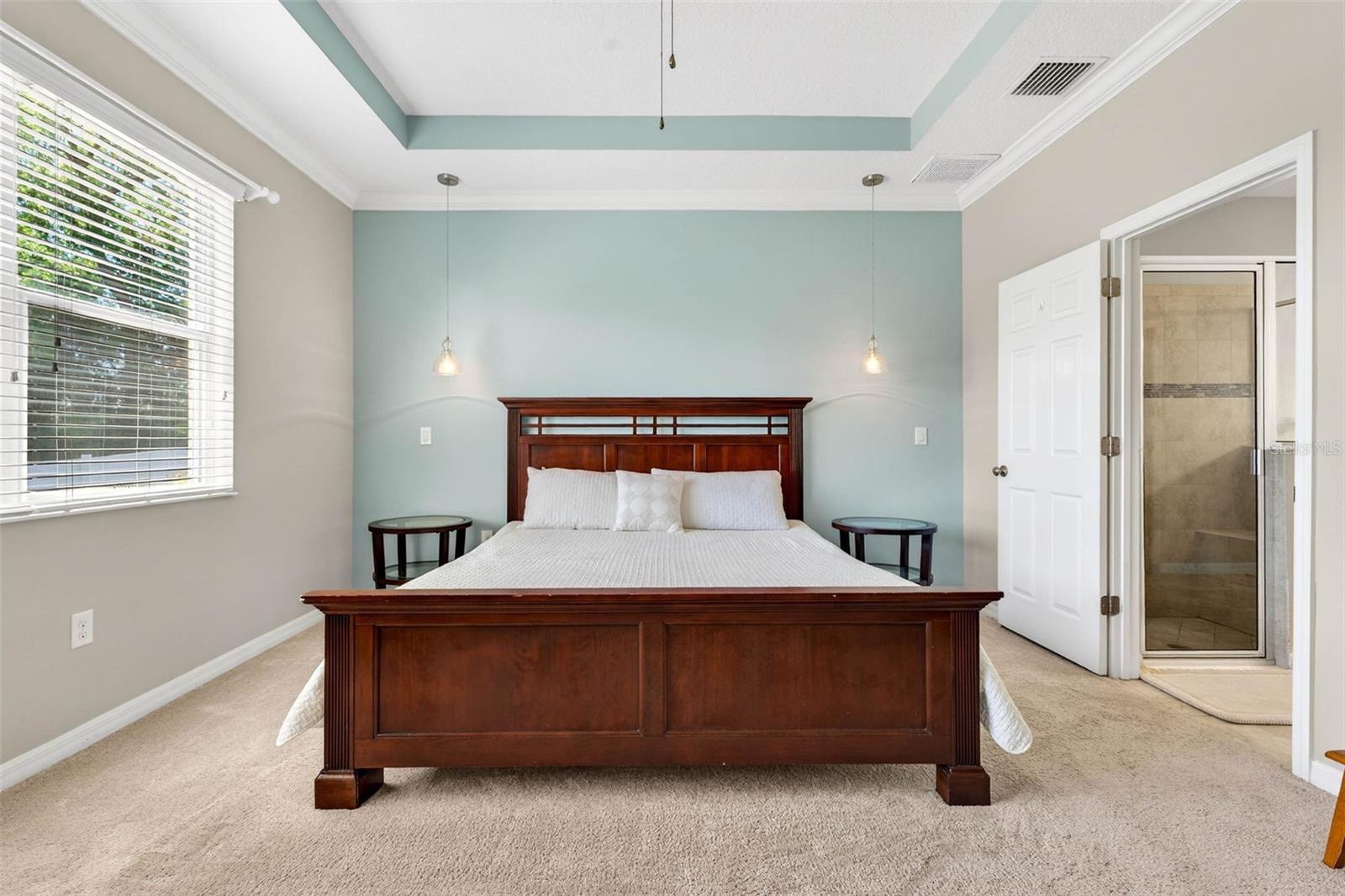 Pendants & Trey Ceiling in Primary Bedroom