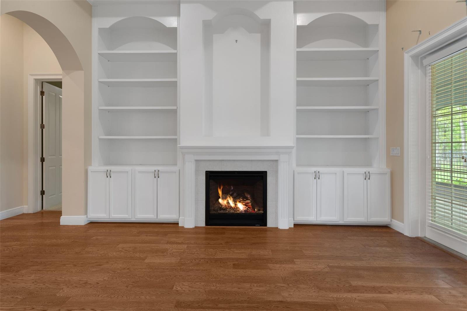 Living Room with Gas Fireplace and Custom Built-In Cabinetry