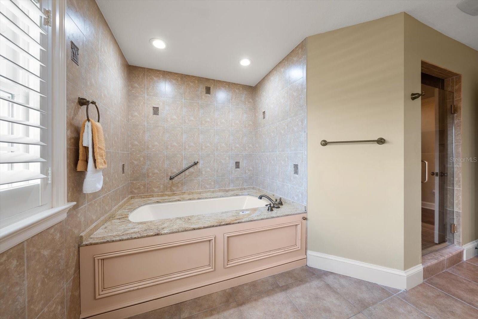 Relaxation and calm! Primary bath area with jetted tub is lovely.