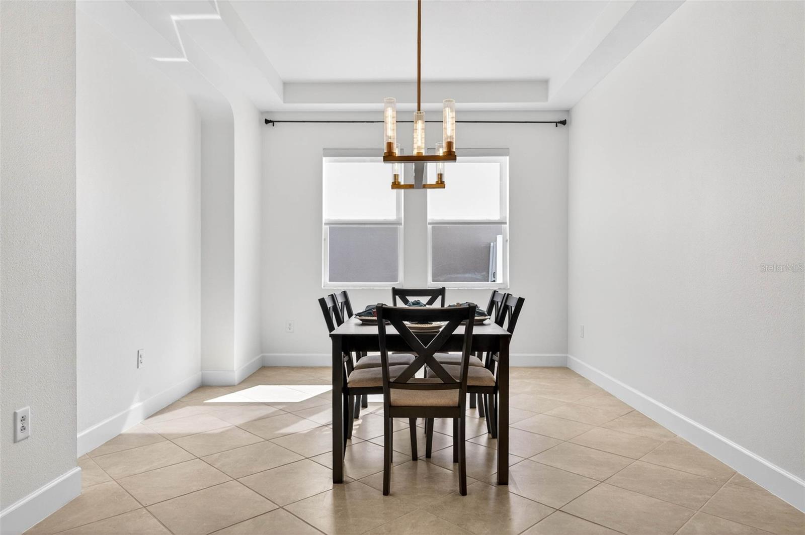 Upgraded light fixture & tray ceiling frame the dining room.