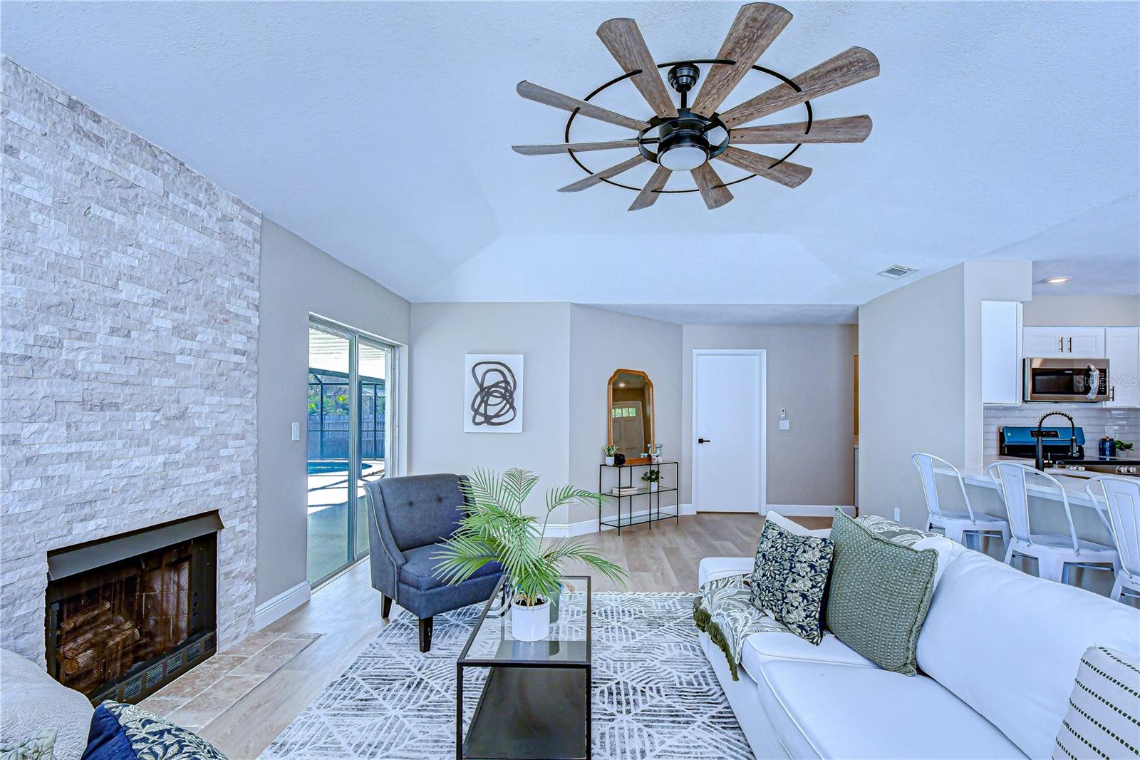 Family Room Stacked Stone Accent Wall