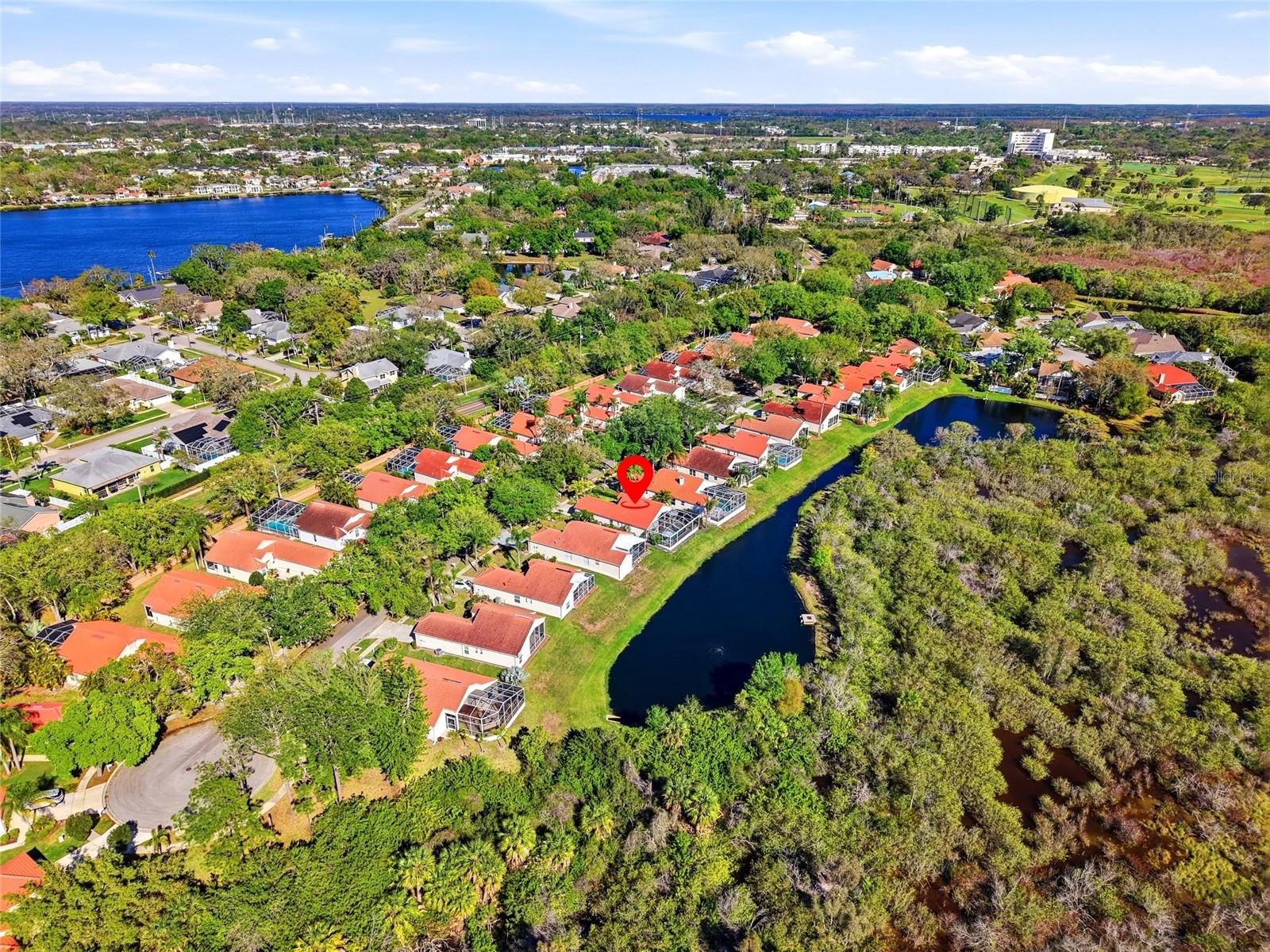 Aerial View with pond and Conservation Area, near The Bayous