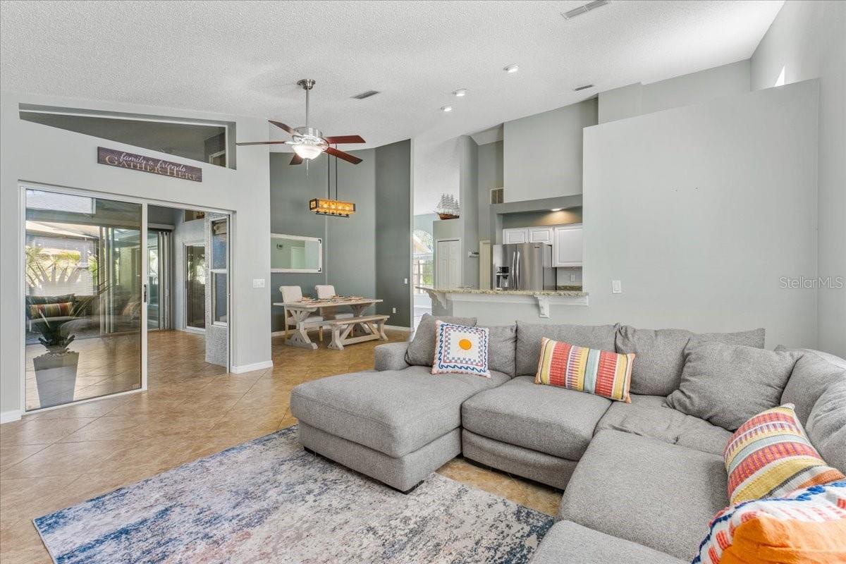Family room looking towards kitchen and dining area