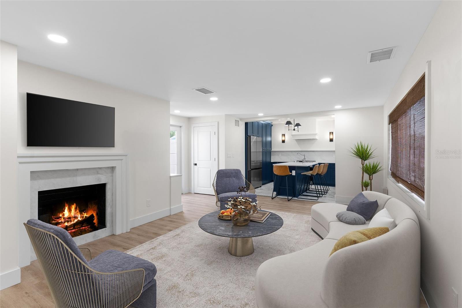 virtually staged for visual, fireplace is decorative