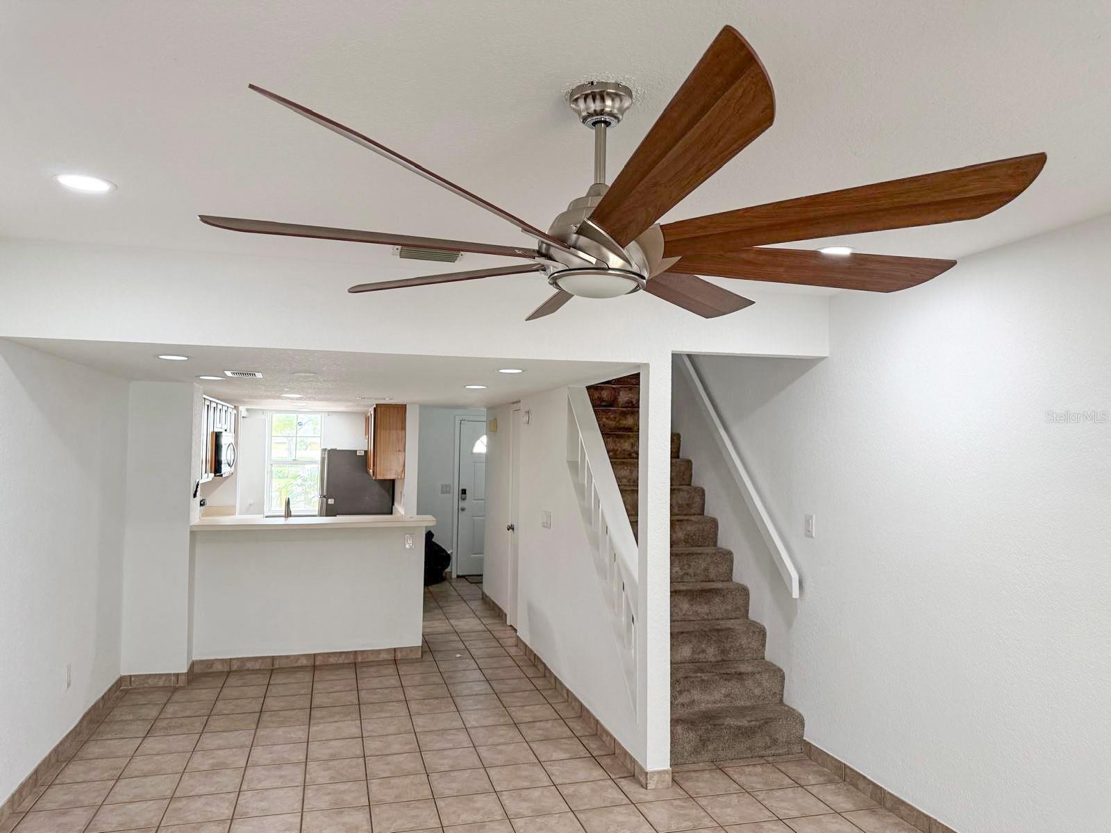Kitchen, Dining room and stairs layout from living room