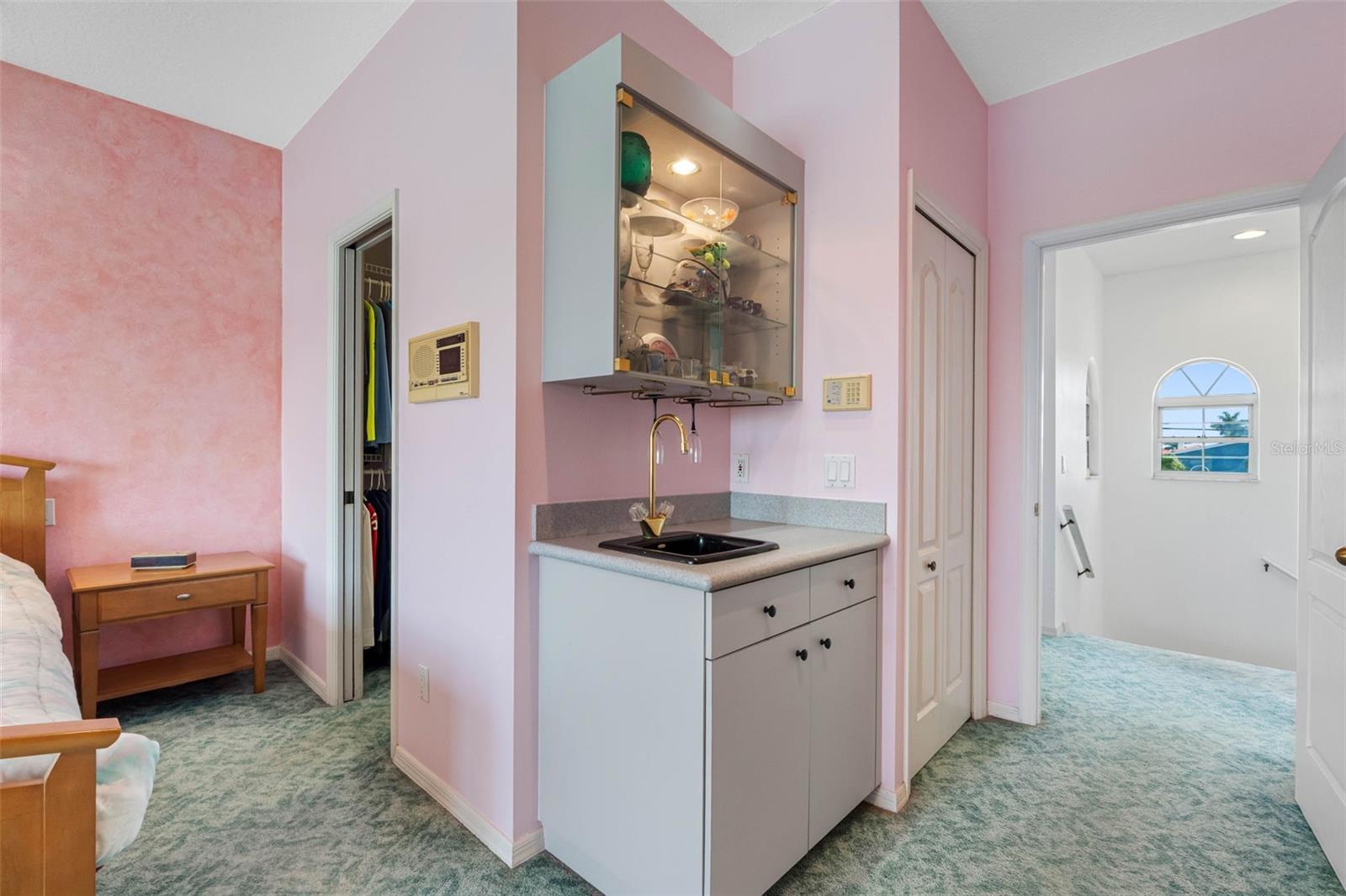 Wet bar for coffee or cocktails.