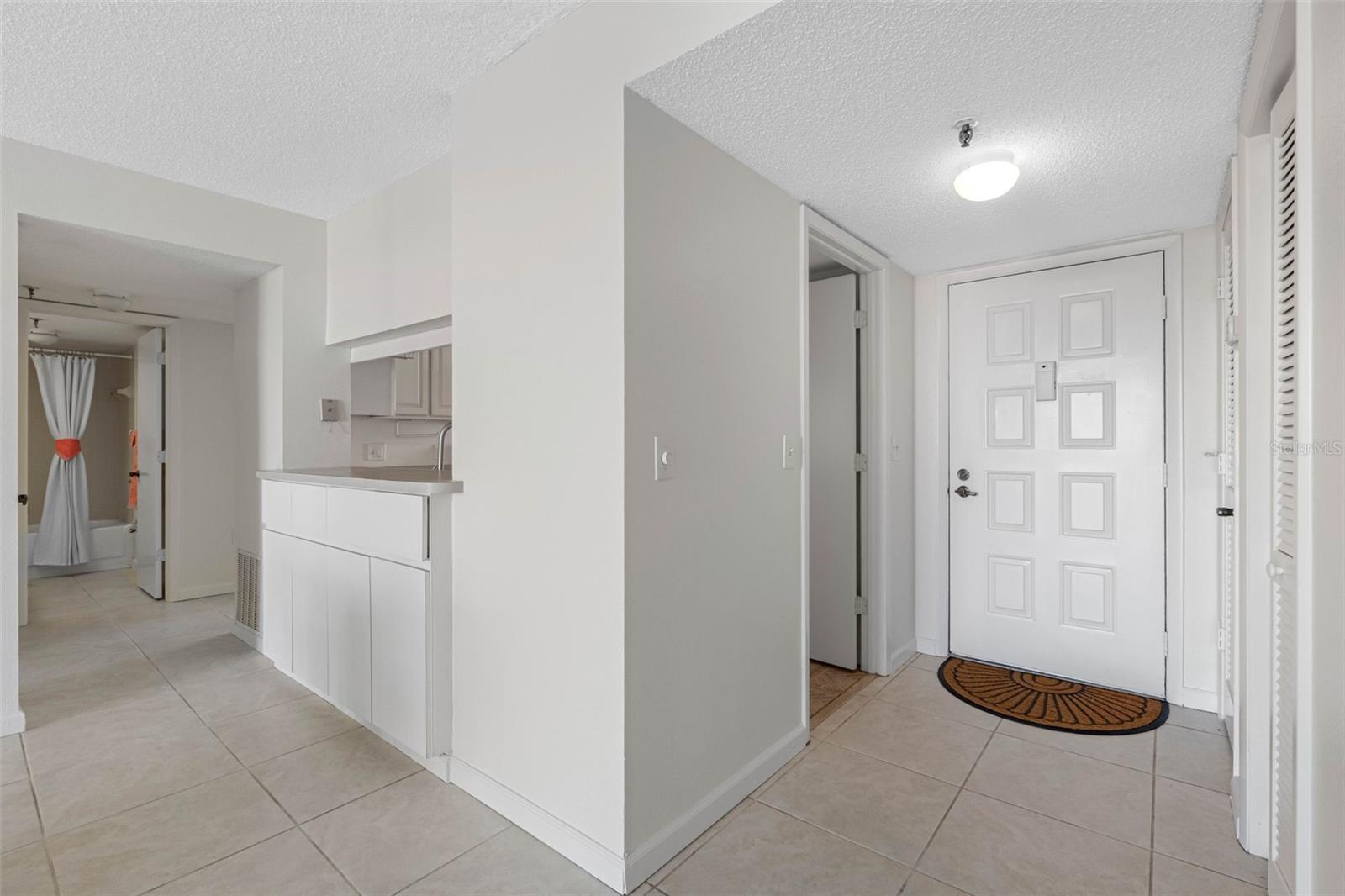 .. Entrance Foyer...To Right of 8 Panel Door is Mechanical Closet with NEW A/C and NEW Water Heater - Plus another Closet / Kitchen Pantry... To Left of Kitchen is the En-Suite Master Bedroom - Second Bathroom & Guest bedroom.  - Two Baths
