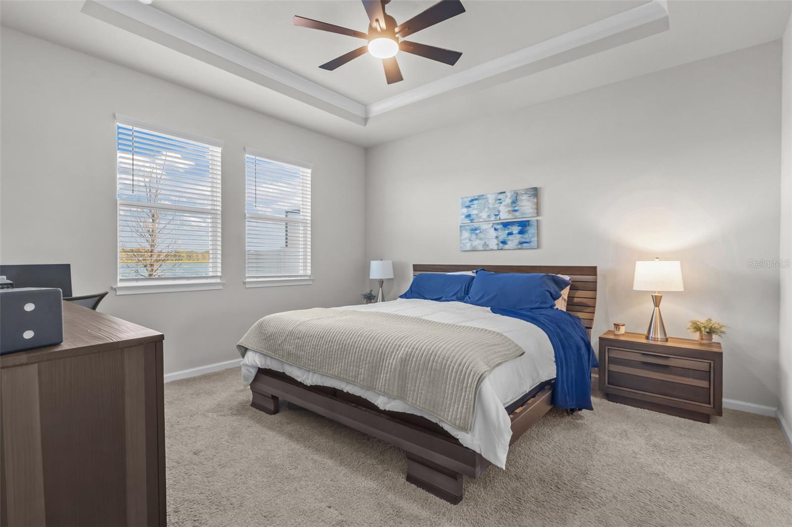 Peaceful primary suite located at the rear of the home with tray ceiling and water views.